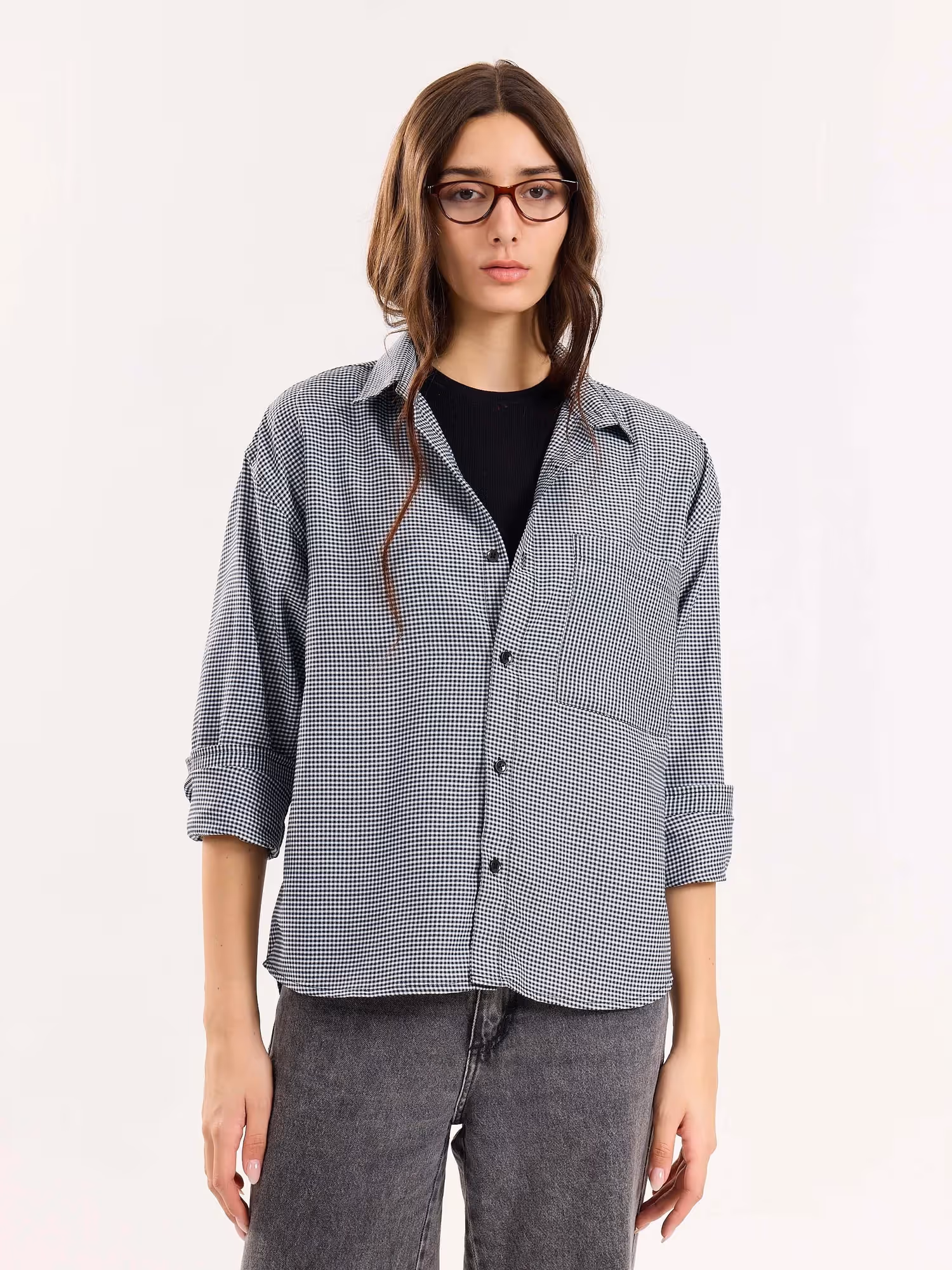 Black Checkered Oversized Cropped Shirt image 4