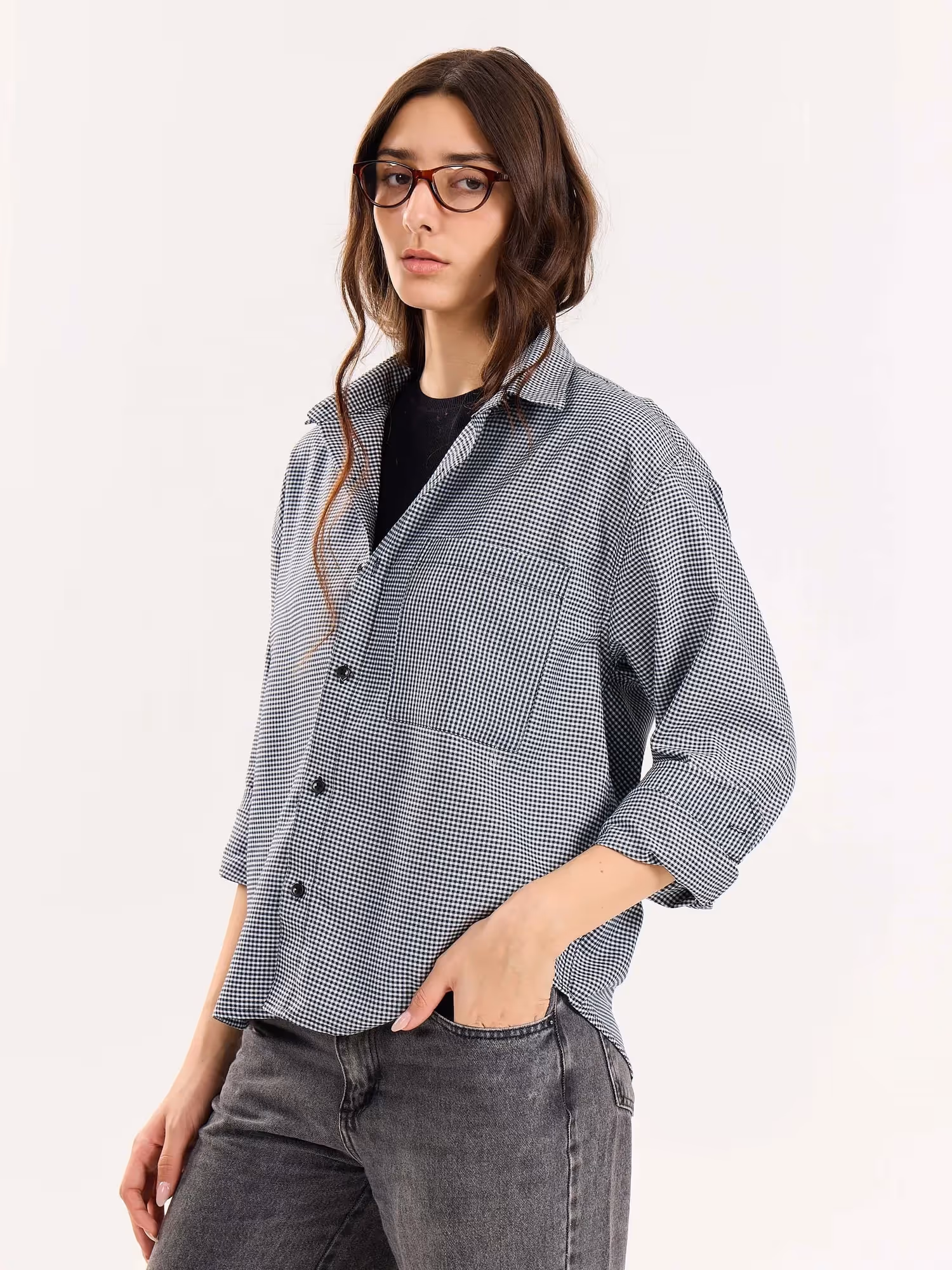 Black Checkered Oversized Cropped Shirt image 5
