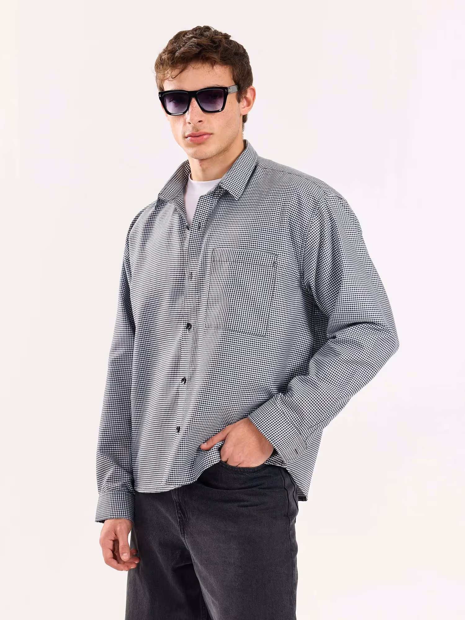 Black Checkered Oversized Cropped Shirt image 7