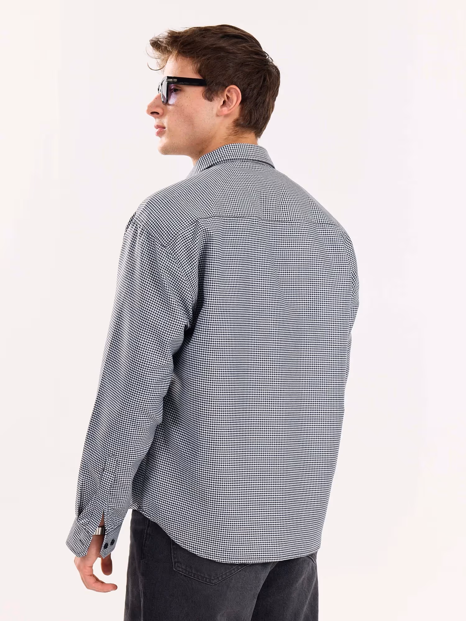 Black Checkered Oversized Cropped Shirt image 8