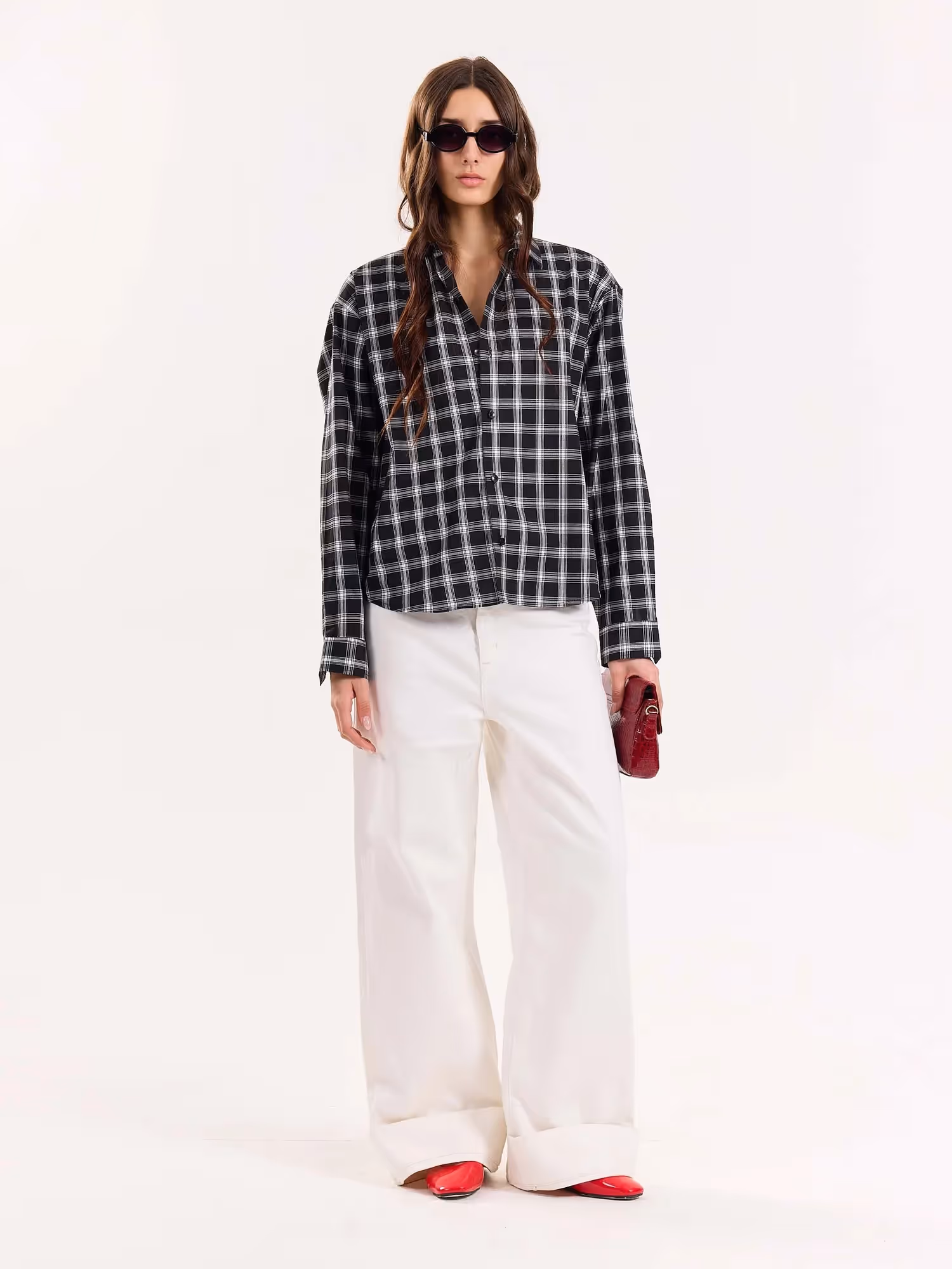 Black Checkered Poplin Cropped Shirt image 3