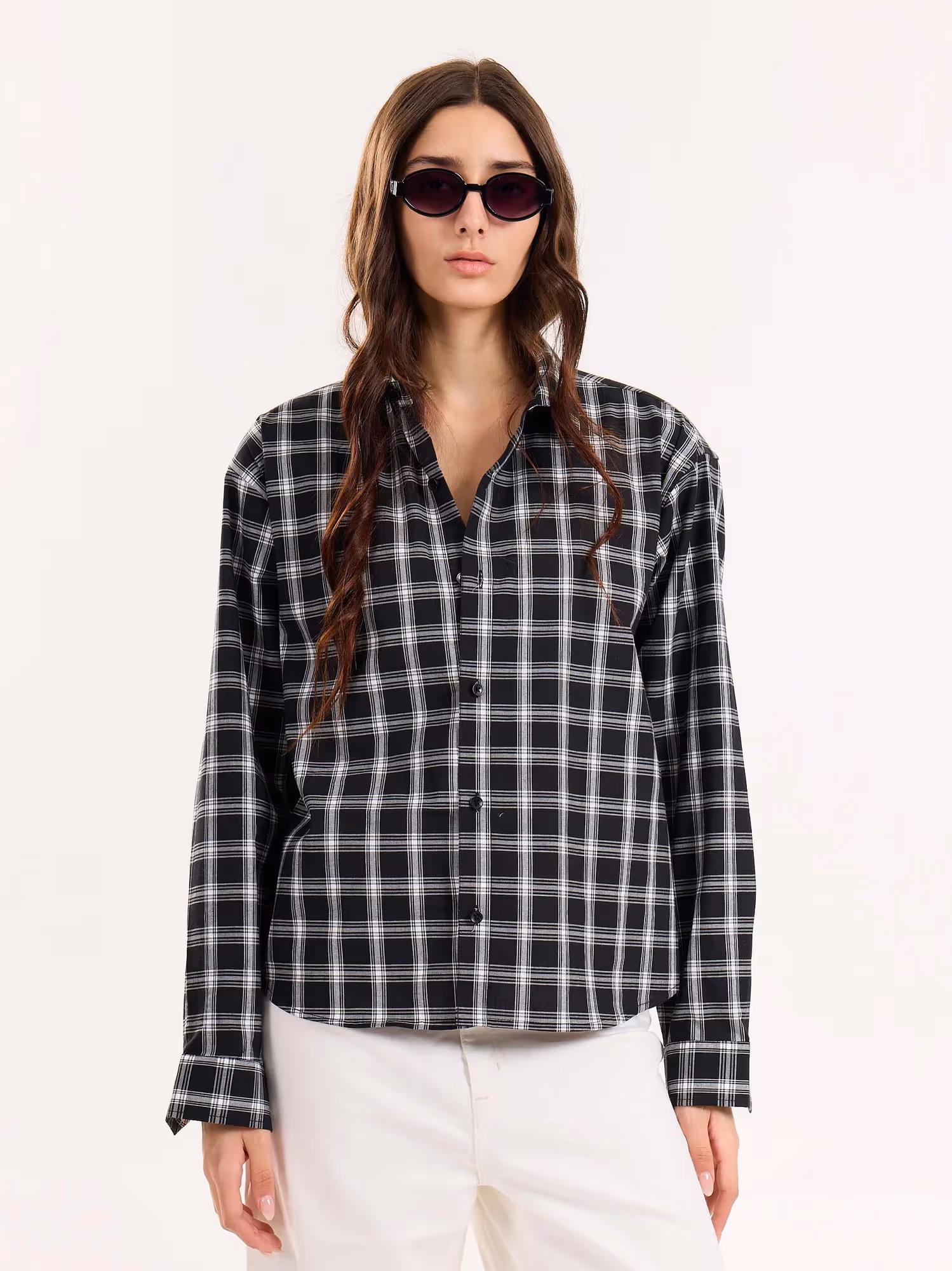 Black Checkered Poplin Cropped Shirt image 4