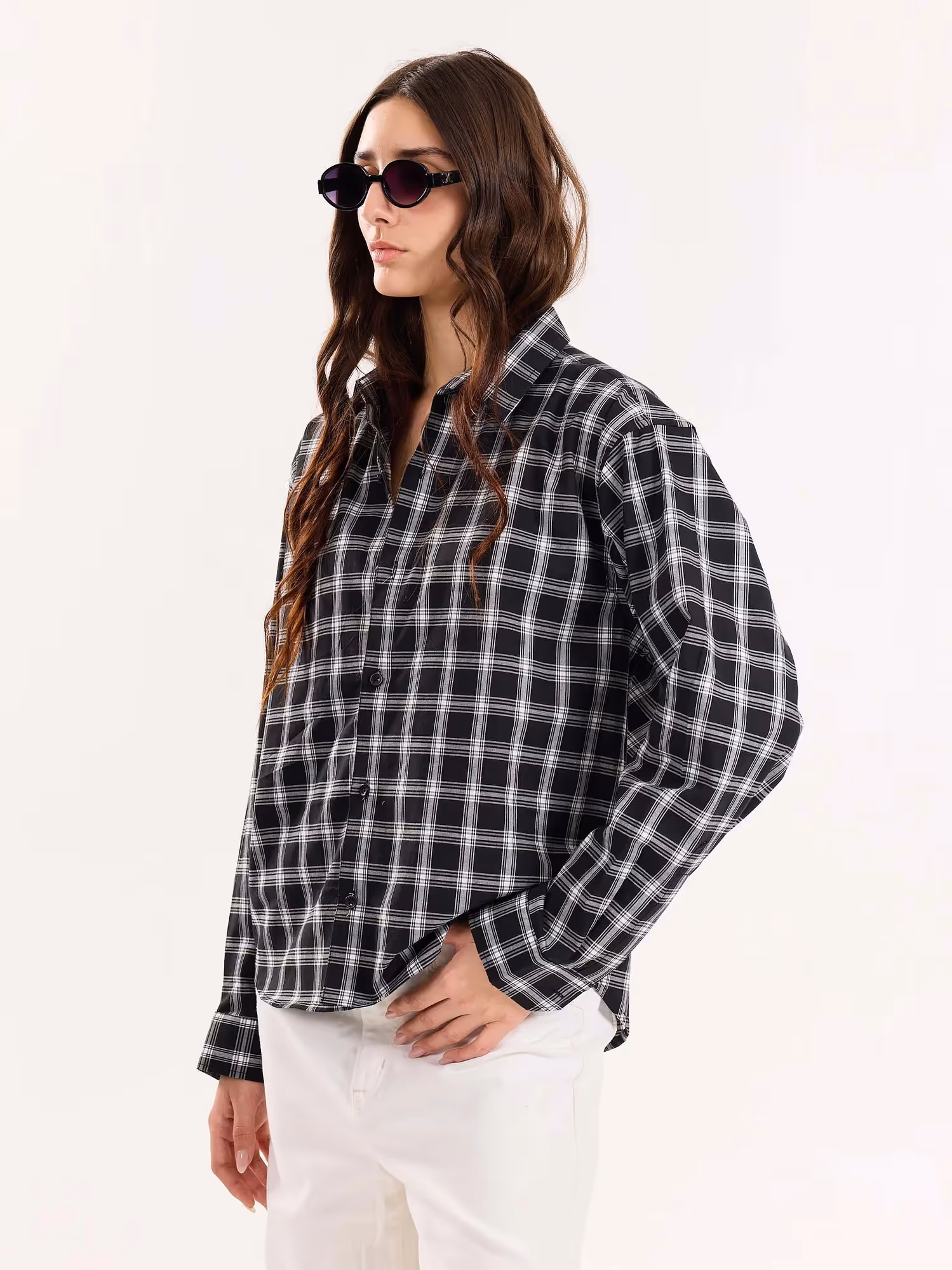 Black Checkered Poplin Cropped Shirt image 7