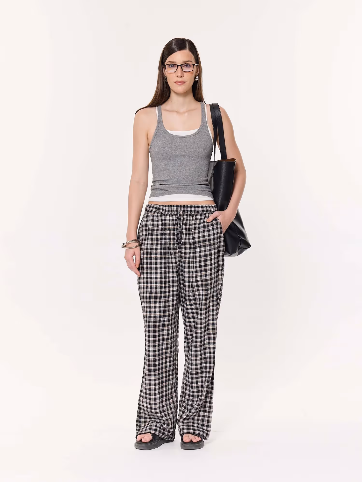 Black Checkered Seersucker Pull-on Pants image 3