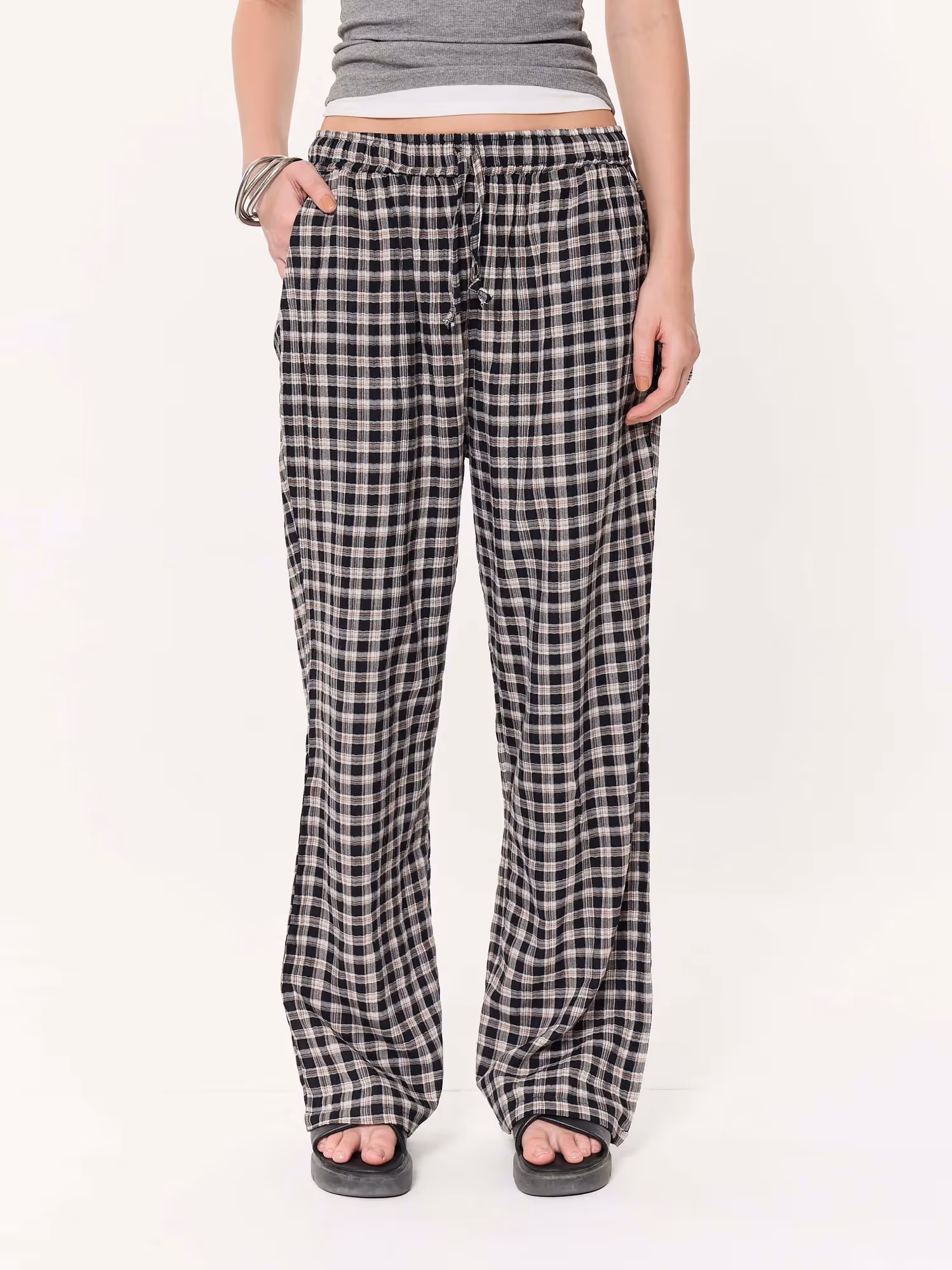 Black Checkered Seersucker Pull-on Pants image 4