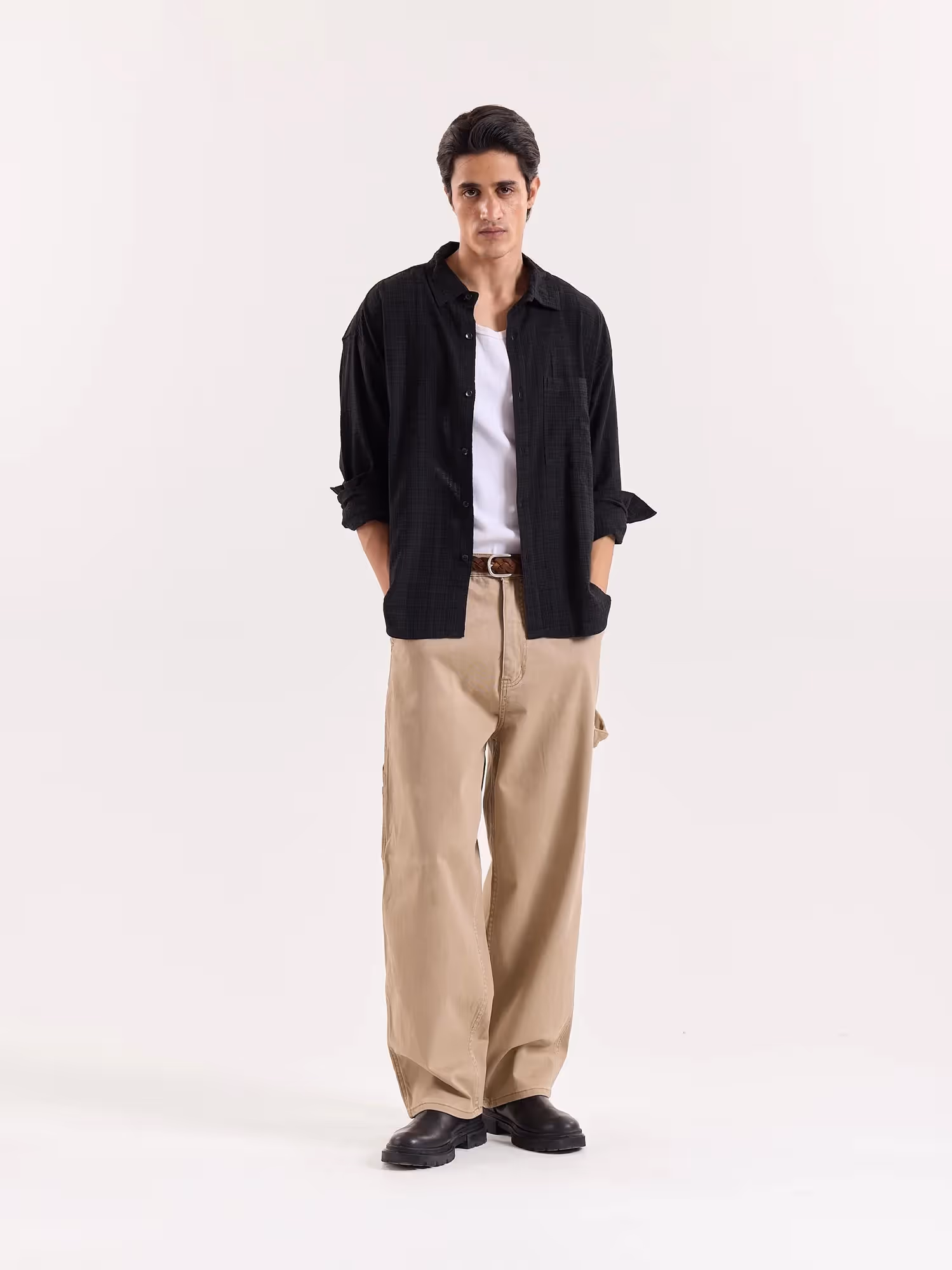 Black Checkered Textured Cropped Shirt image 1