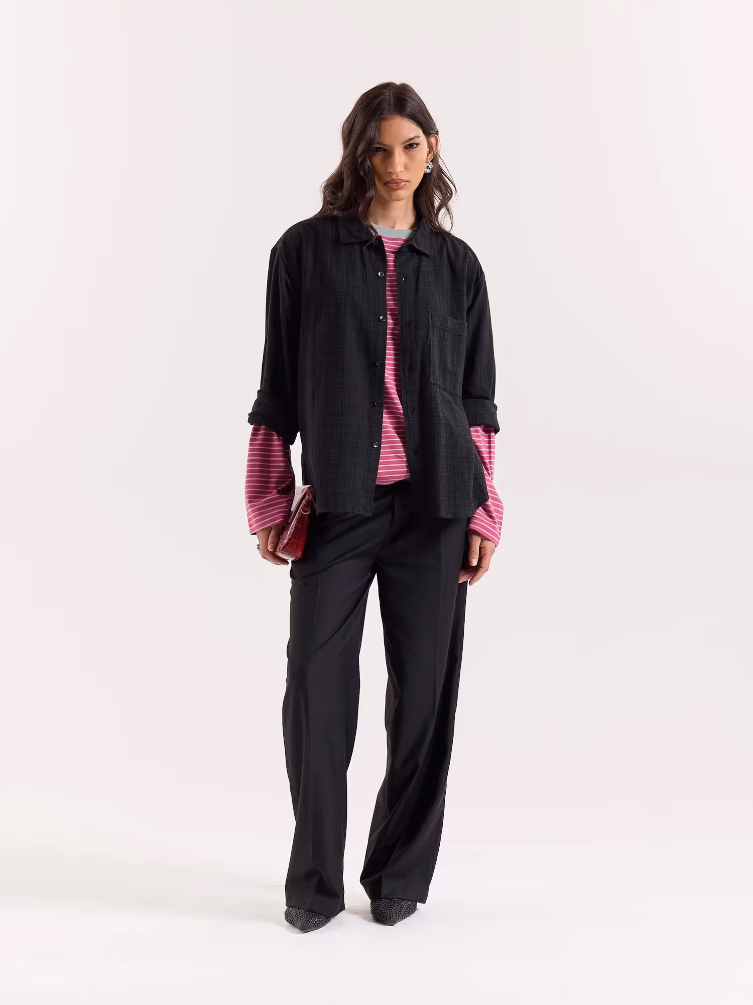 Black Checkered Textured Cropped Shirt image 2