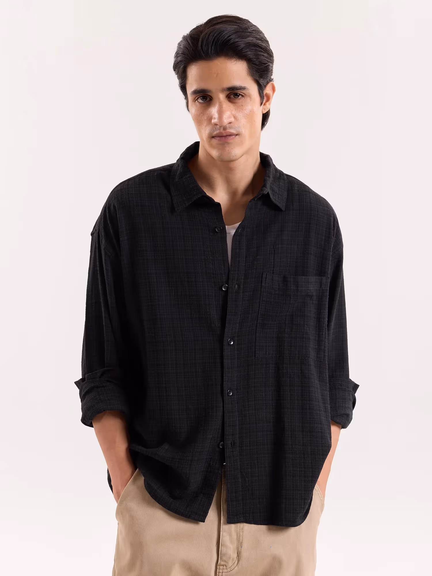 Black Checkered Textured Cropped Shirt image 3
