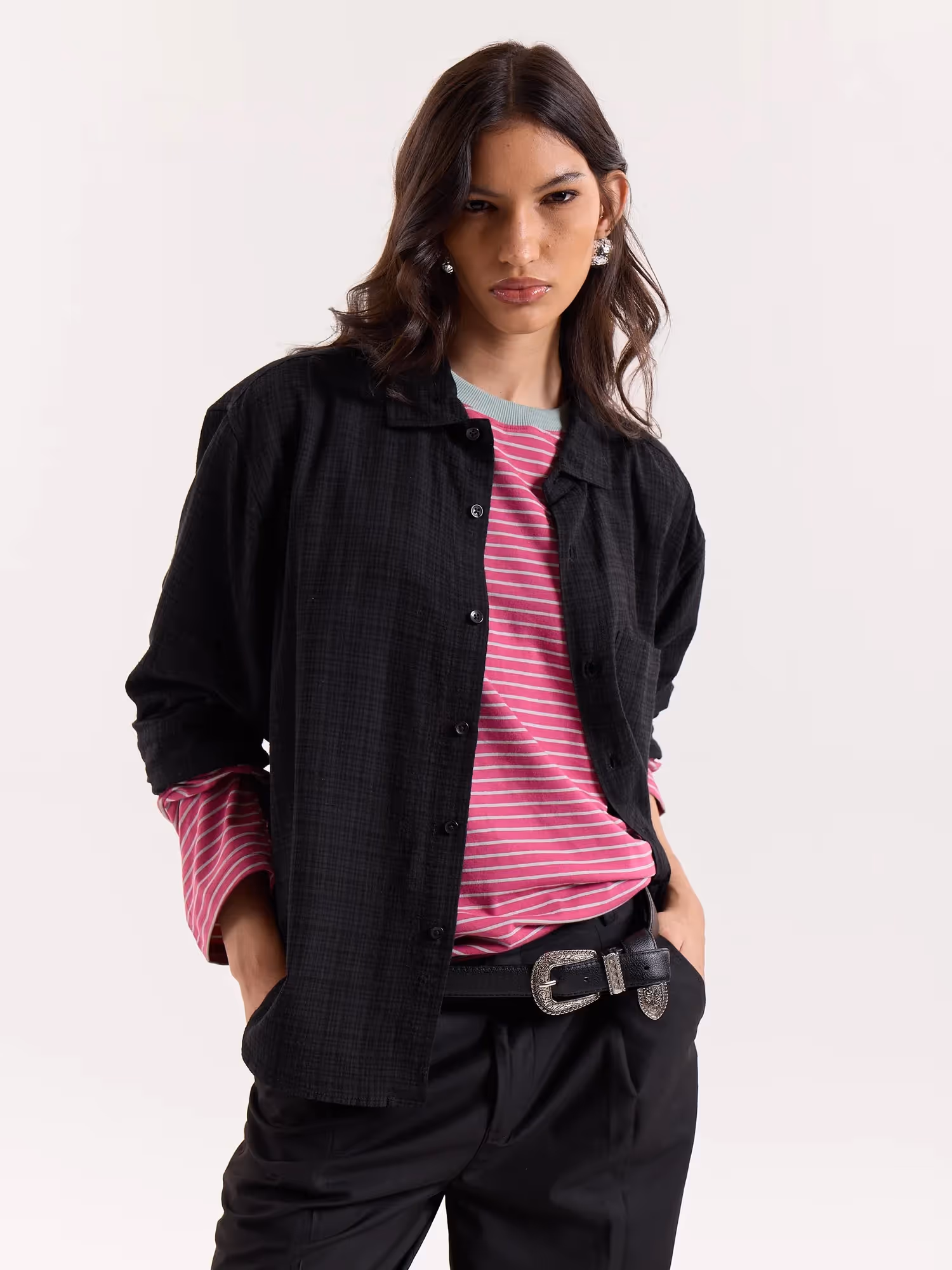 Black Checkered Textured Cropped Shirt image 4