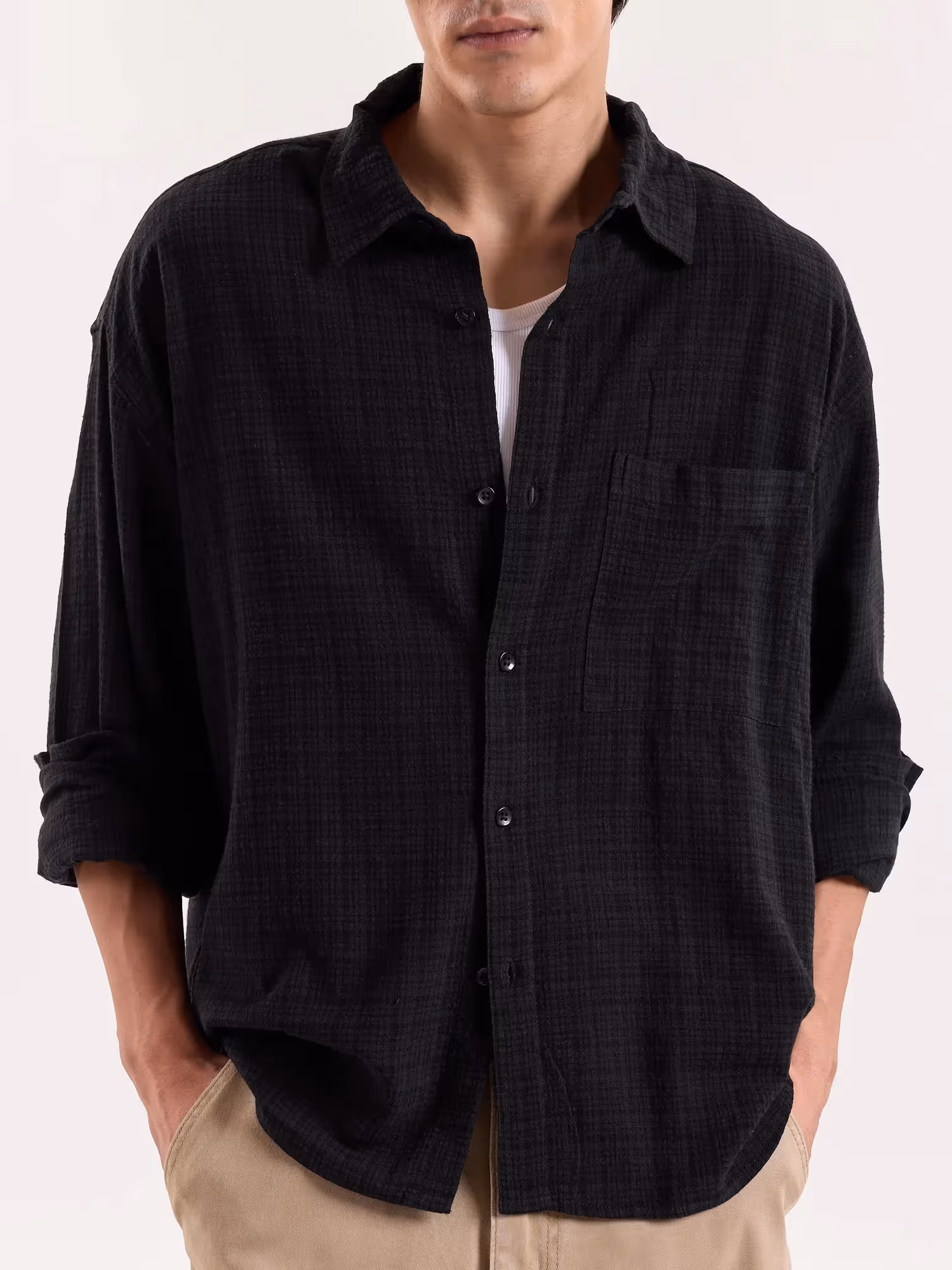Black Checkered Textured Cropped Shirt image 5