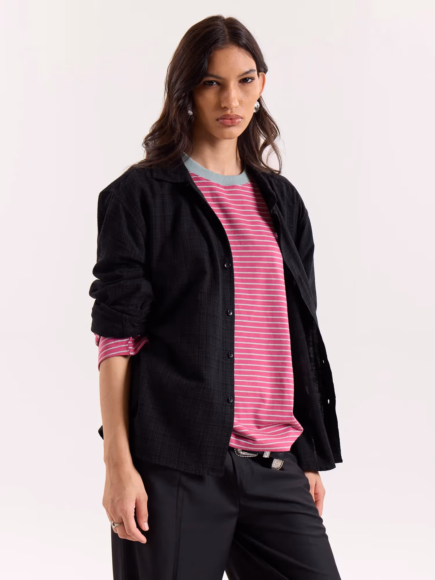 Black Checkered Textured Cropped Shirt image 6