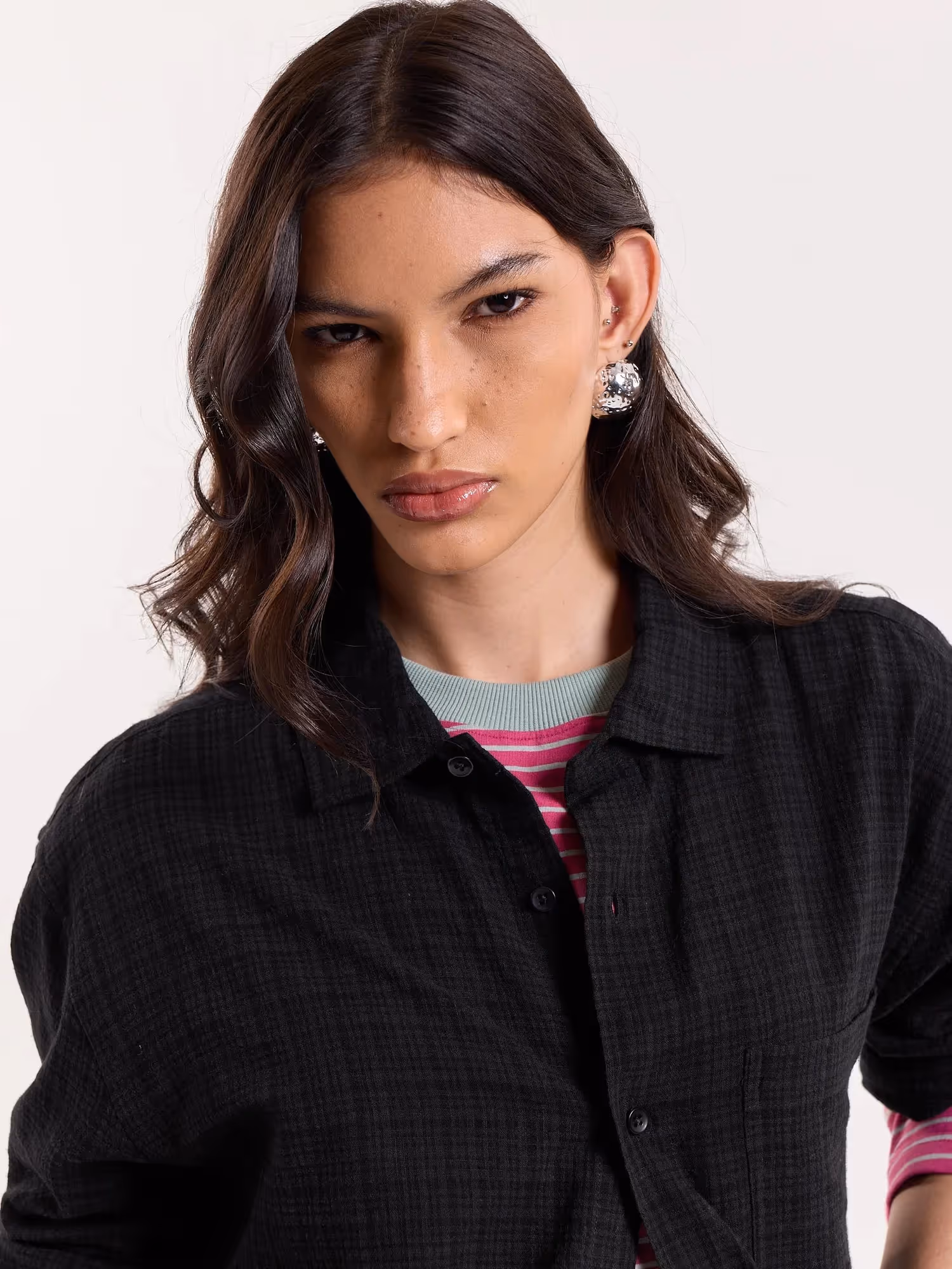 Black Checkered Textured Cropped Shirt image 7