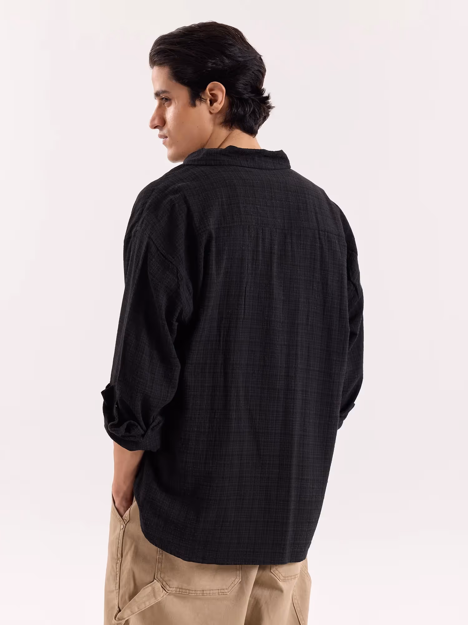 Black Checkered Textured Cropped Shirt image 8