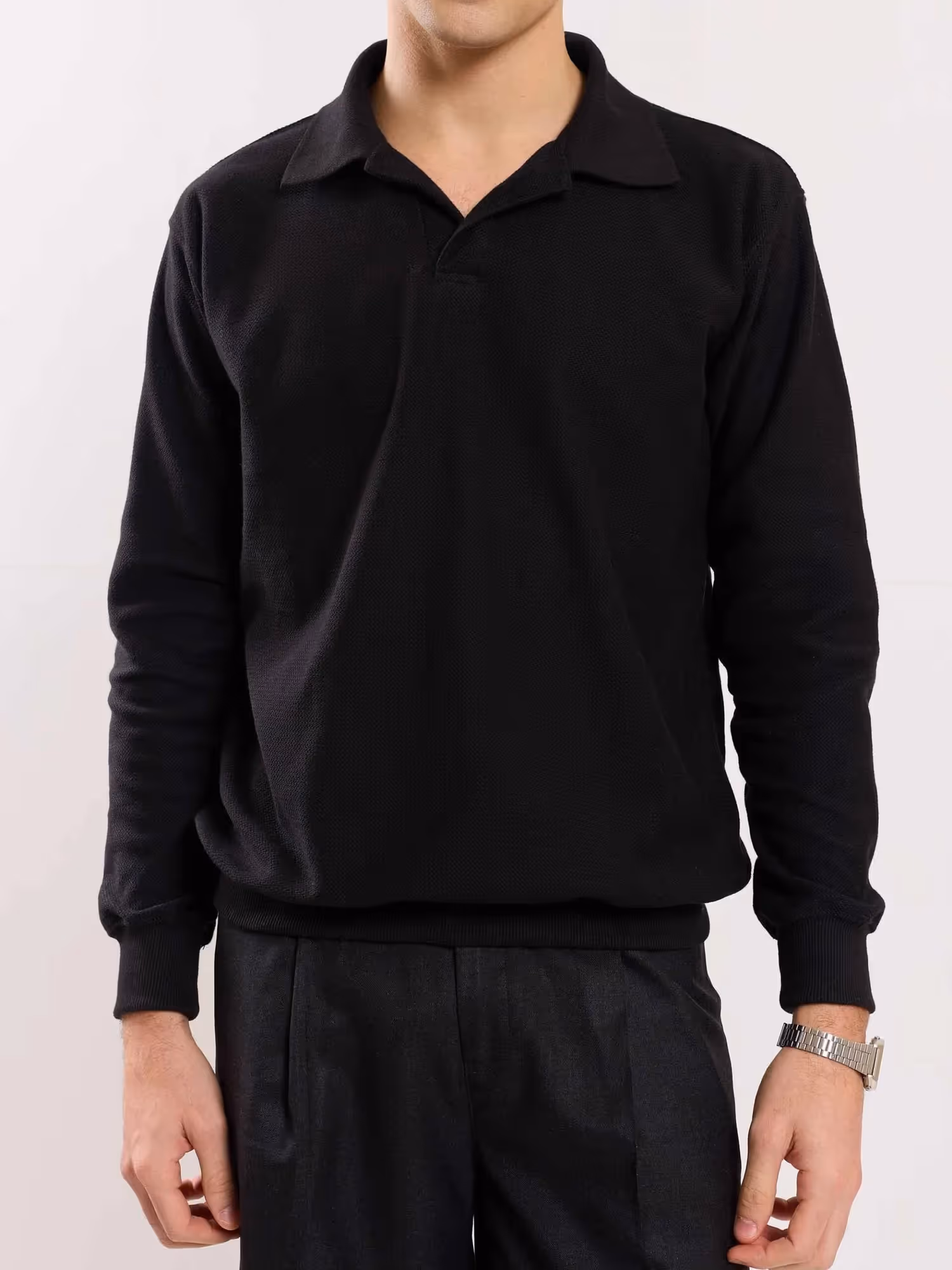 Black Jacquard Knit Polo T-shirt image 4