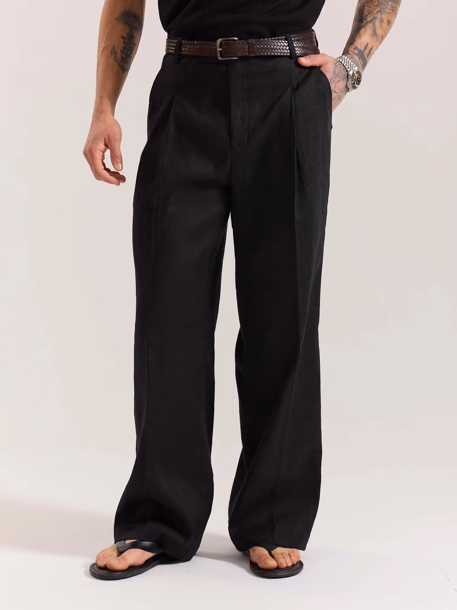 Black Linen Baggy Fit Trousers image 3