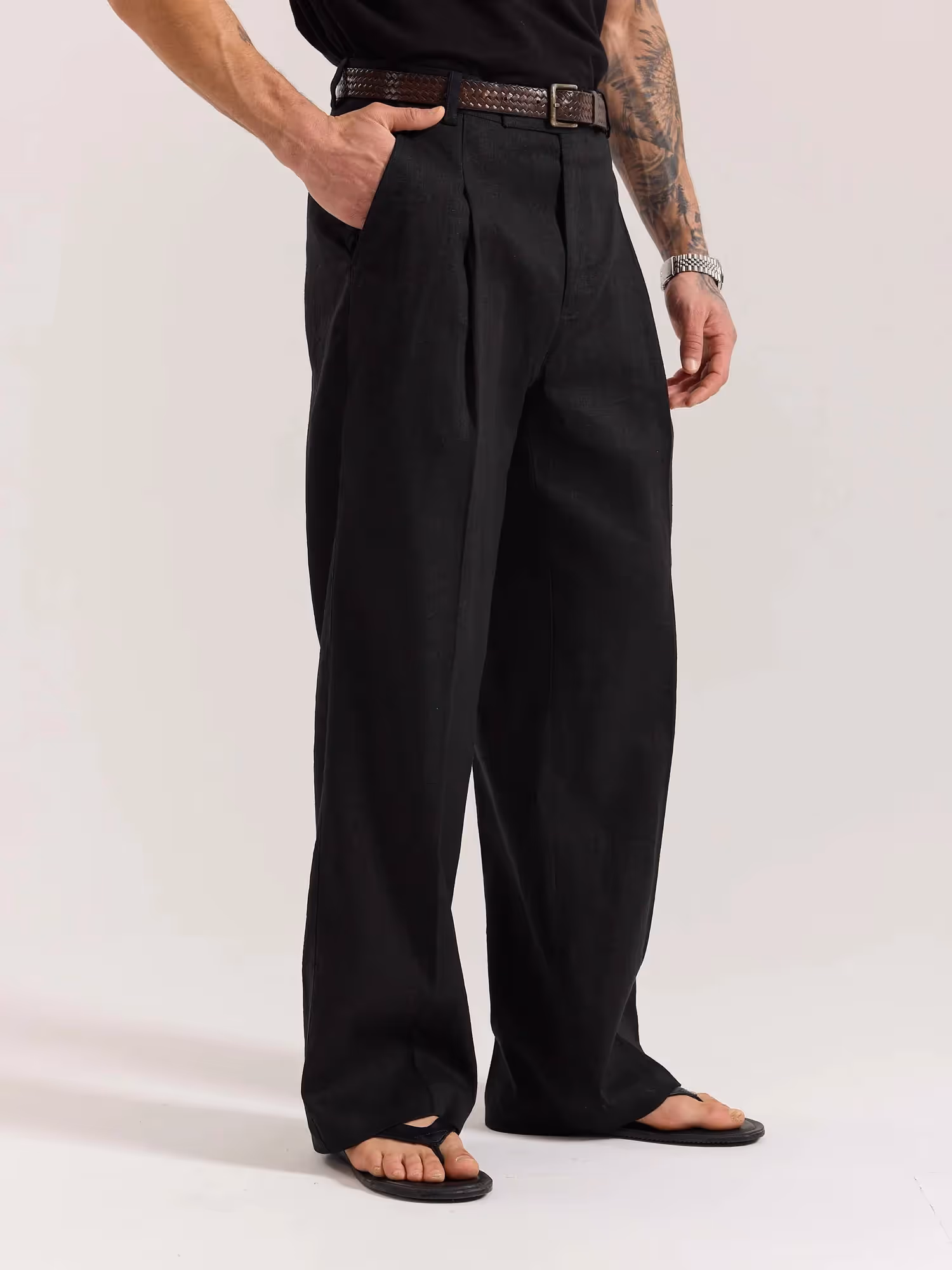 Black Linen Baggy Fit Trousers image 6
