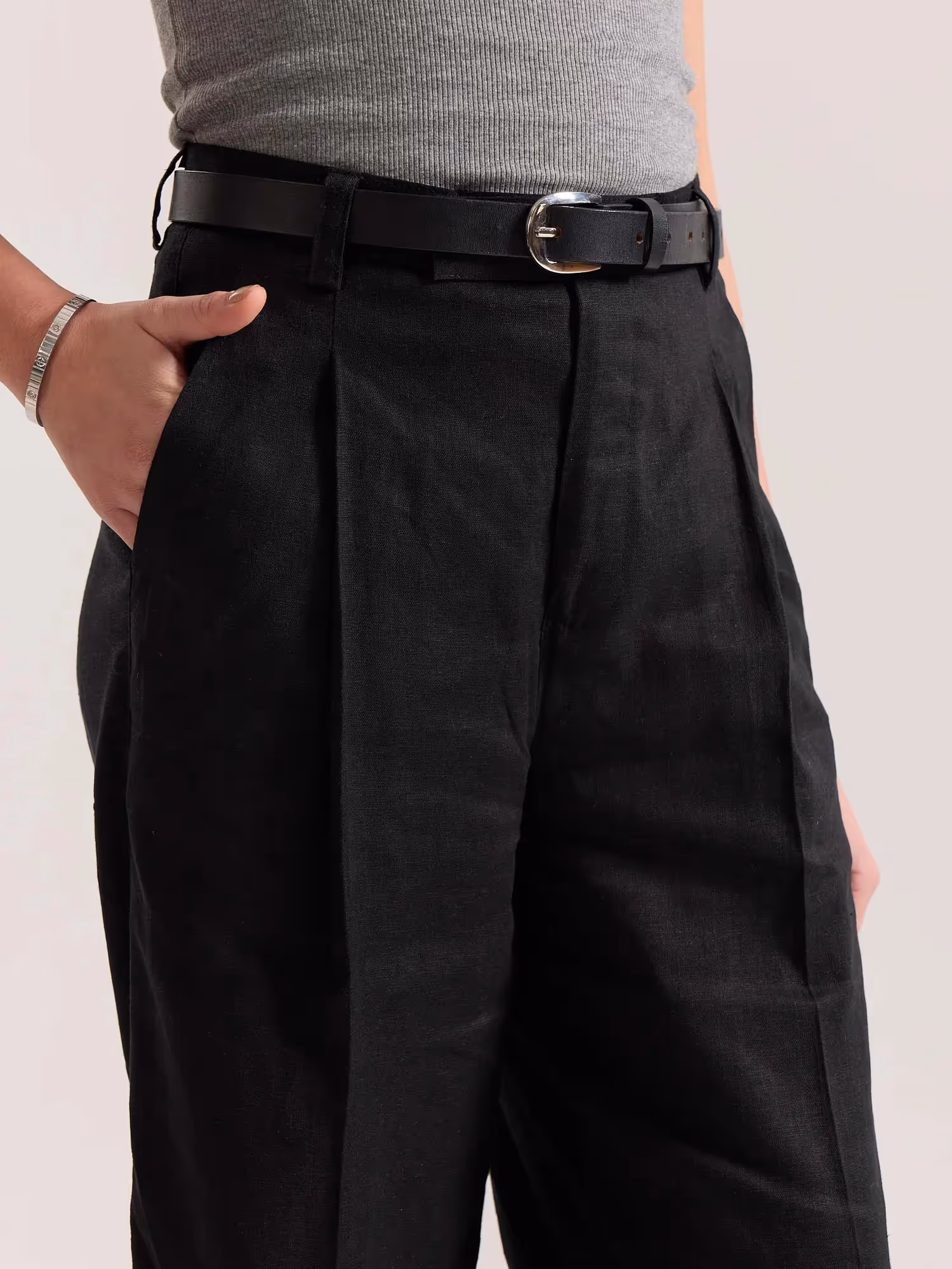 Black Linen Baggy Fit Trousers image 7