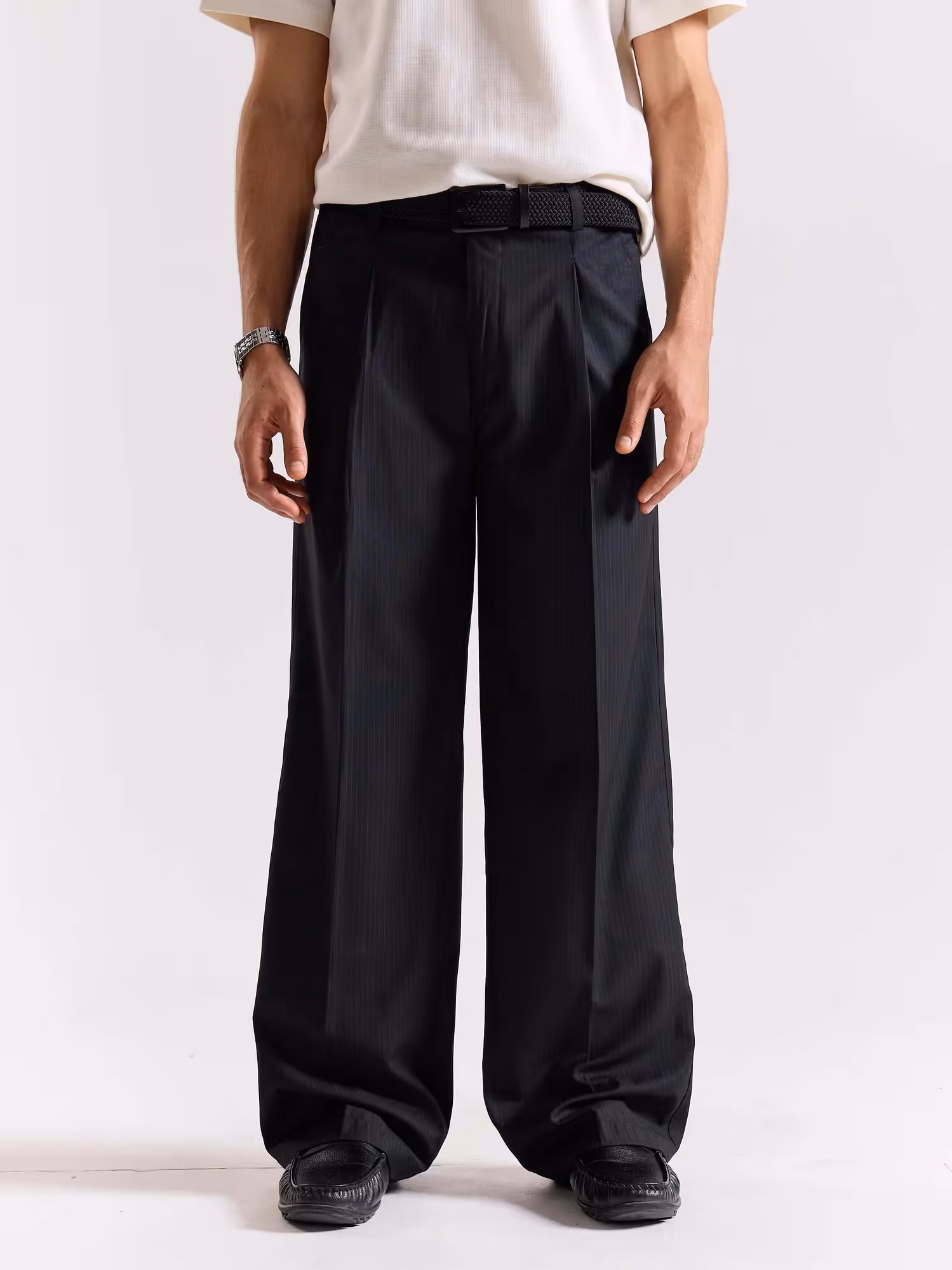 Black Pinstriped Baggy Fit Trousers image 2