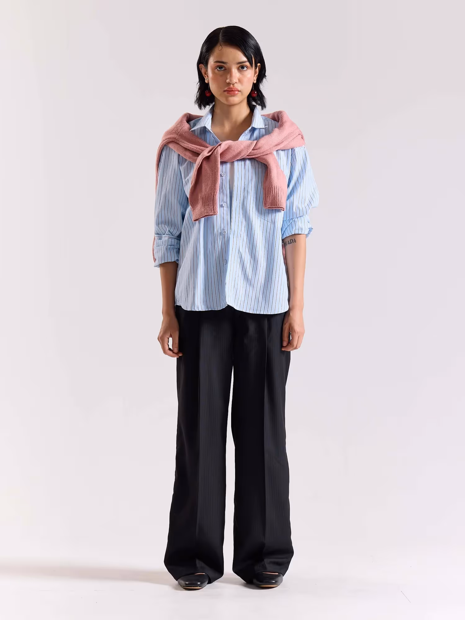 Black Pinstriped Baggy Fit Trousers image 3