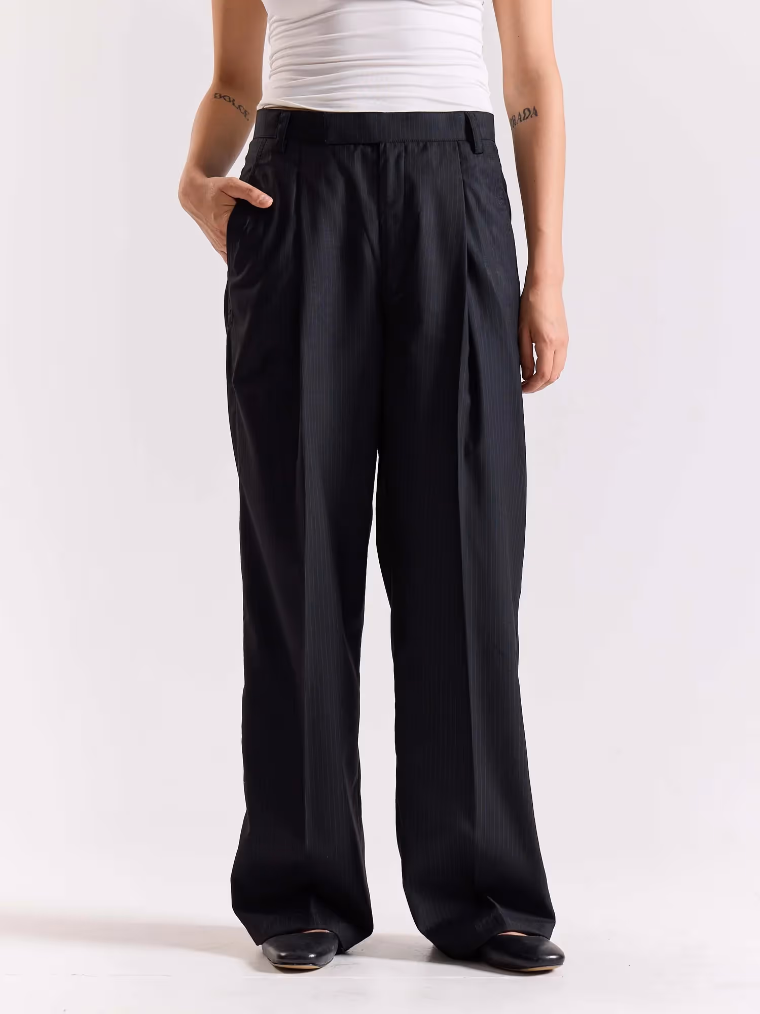 Black Pinstriped Baggy Fit Trousers image 4