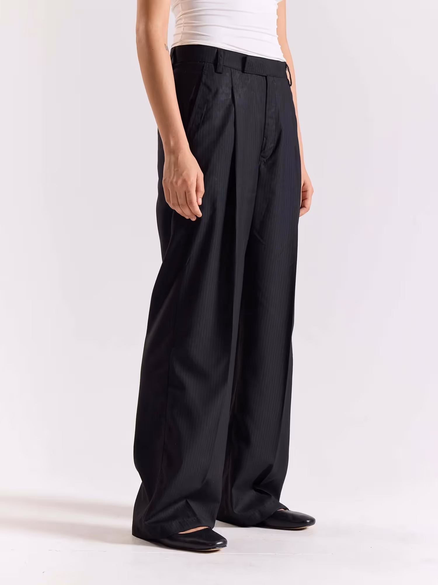 Black Pinstriped Baggy Fit Trousers image 5