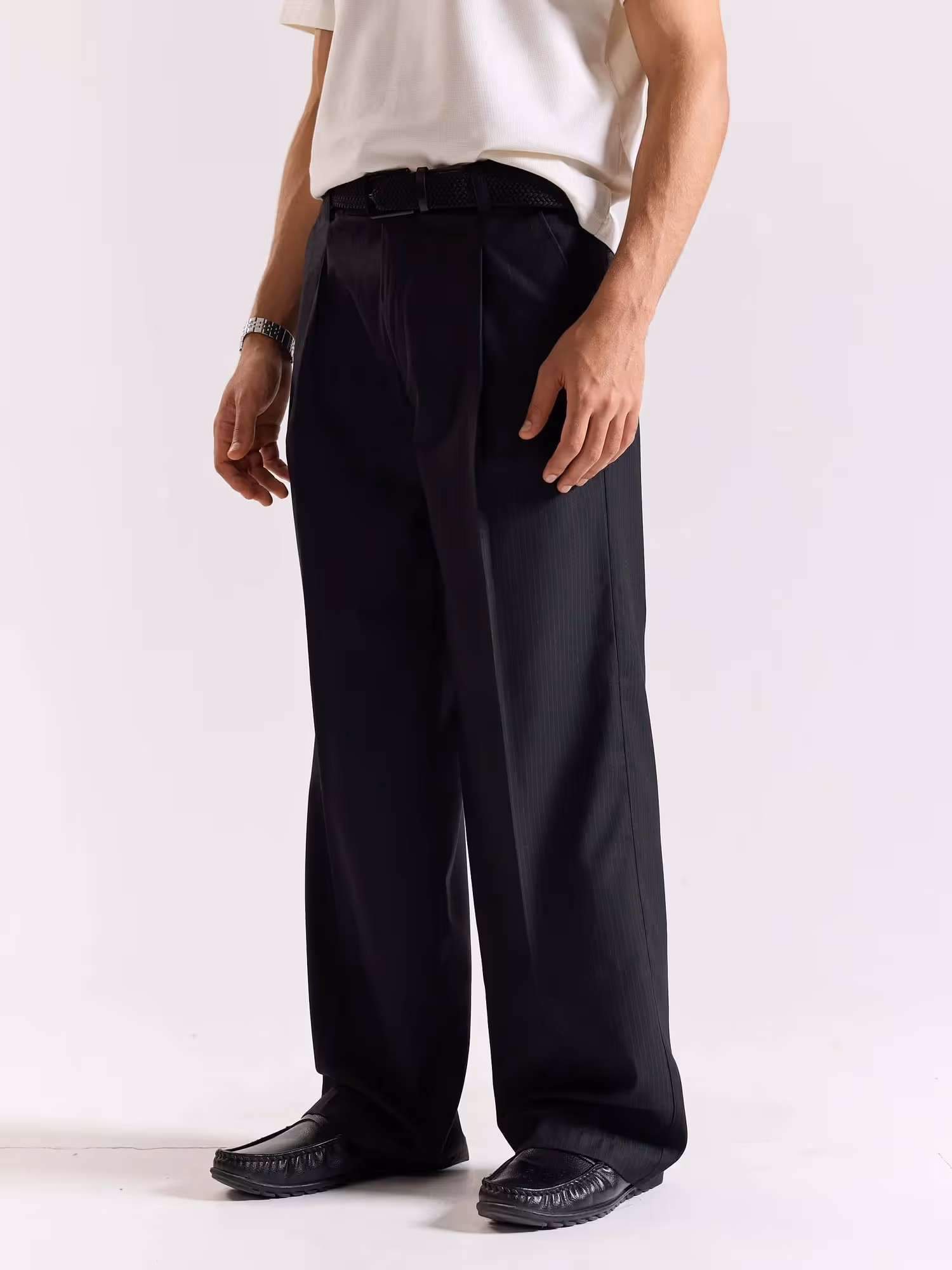 Black Pinstriped Baggy Fit Trousers image 6