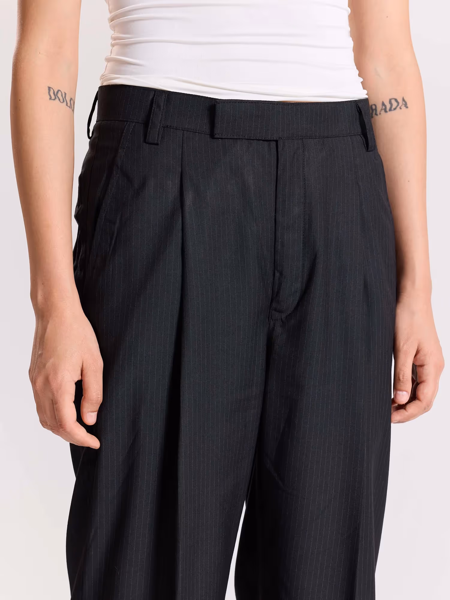 Black Pinstriped Baggy Fit Trousers image 8