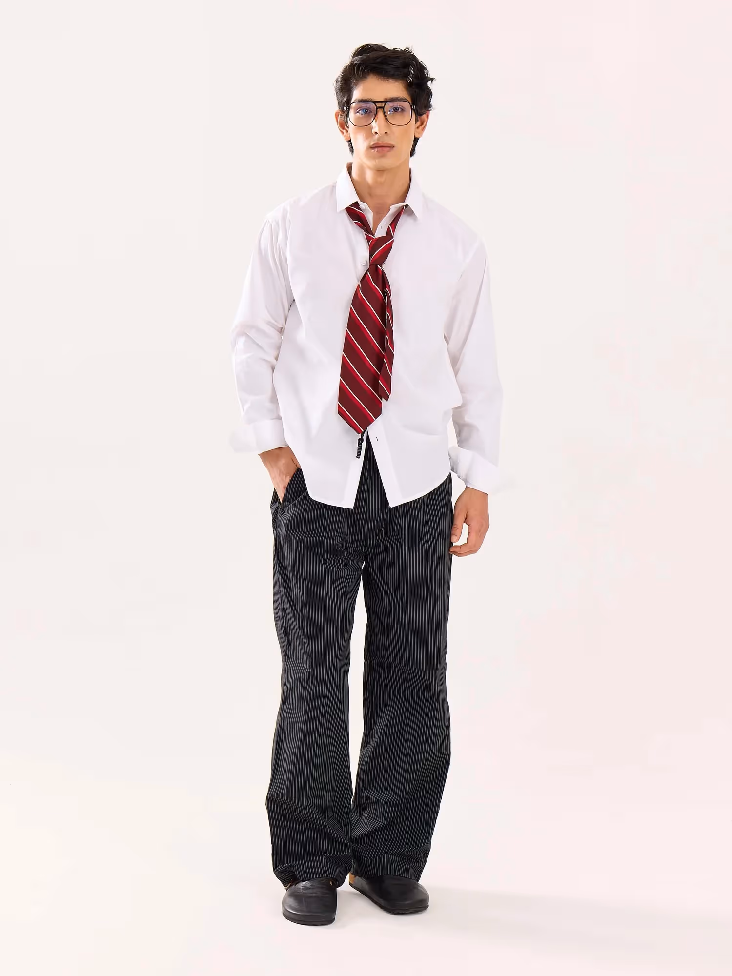 Black Pinstriped Poplin Pull-on Pants image 1