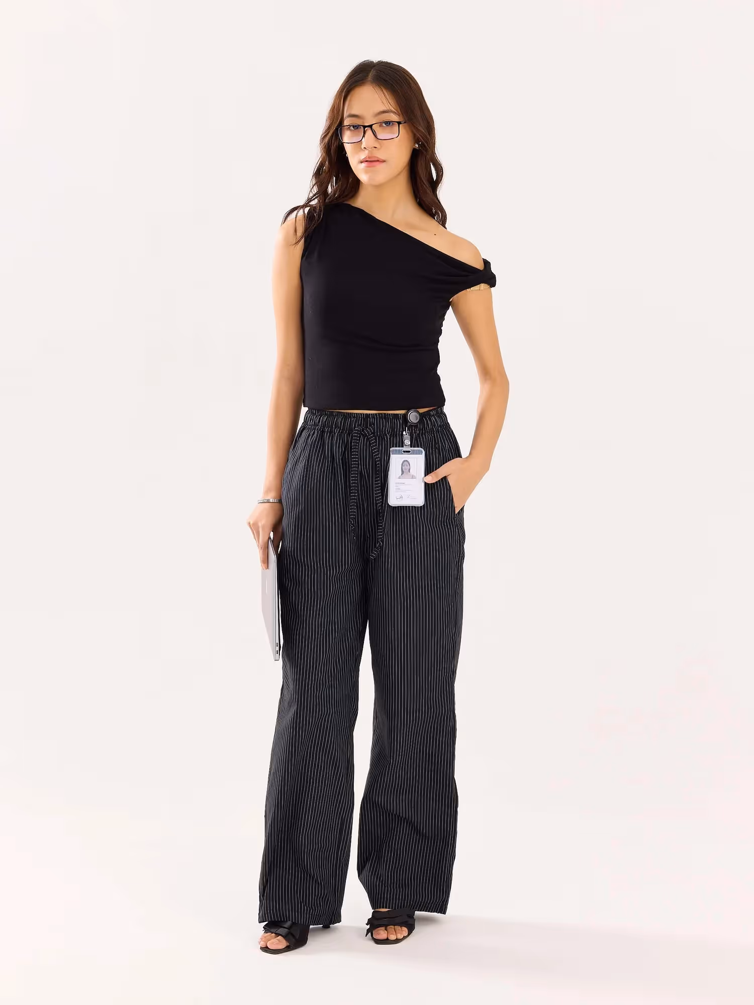 Black Pinstriped Poplin Pull-on Pants image 2