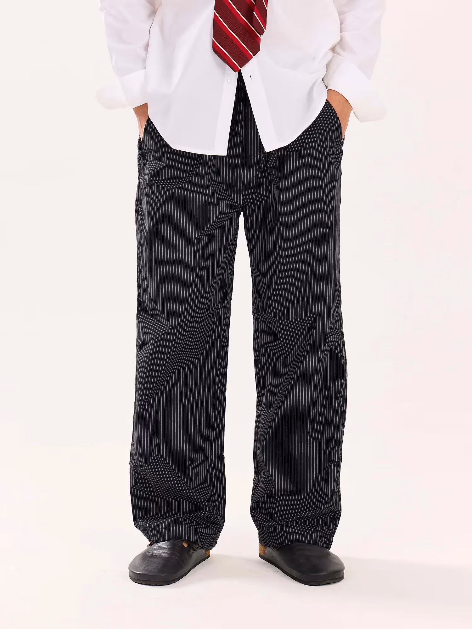 Black Pinstriped Poplin Pull-on Pants image 3