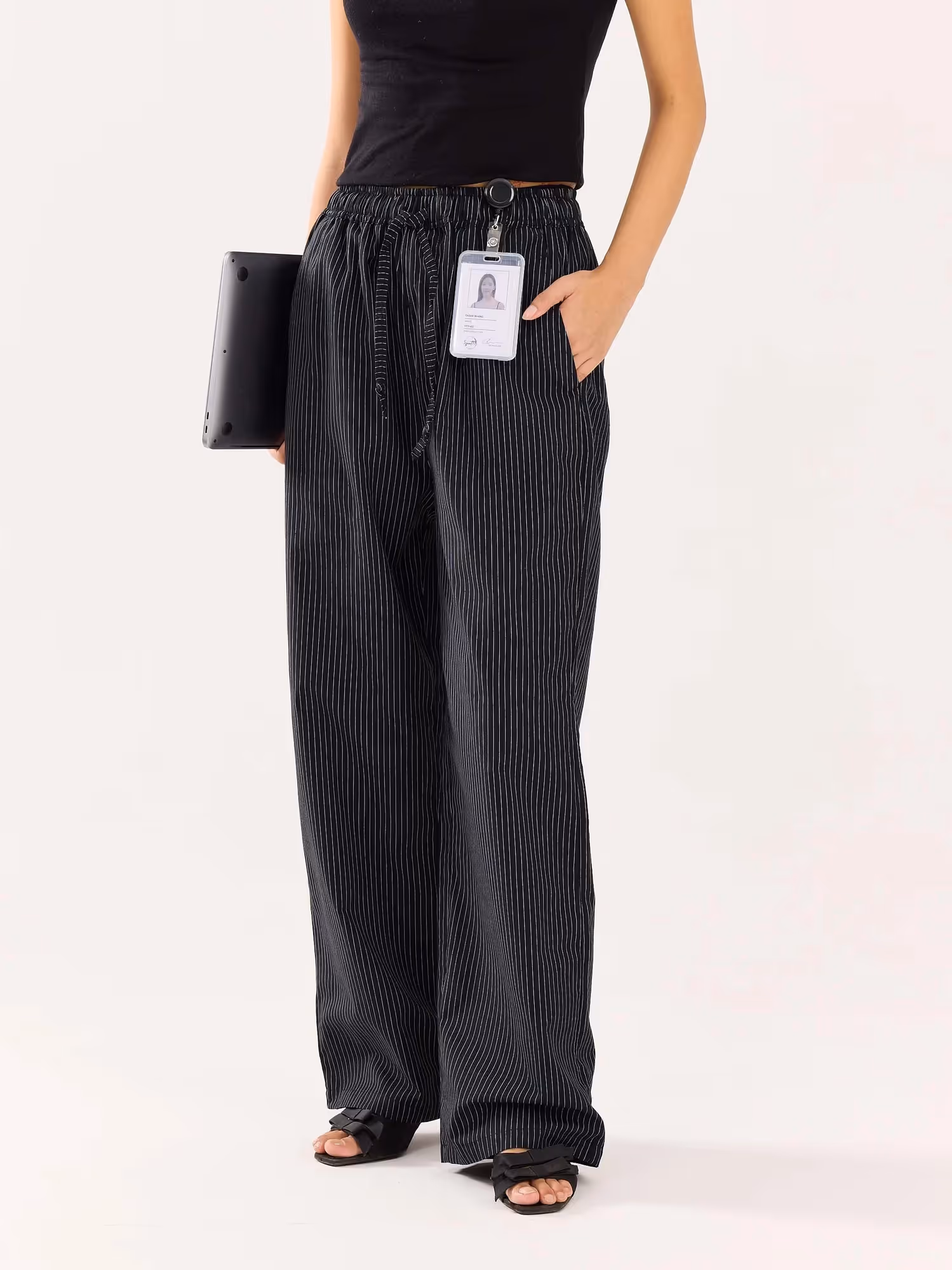 Black Pinstriped Poplin Pull-on Pants image 4