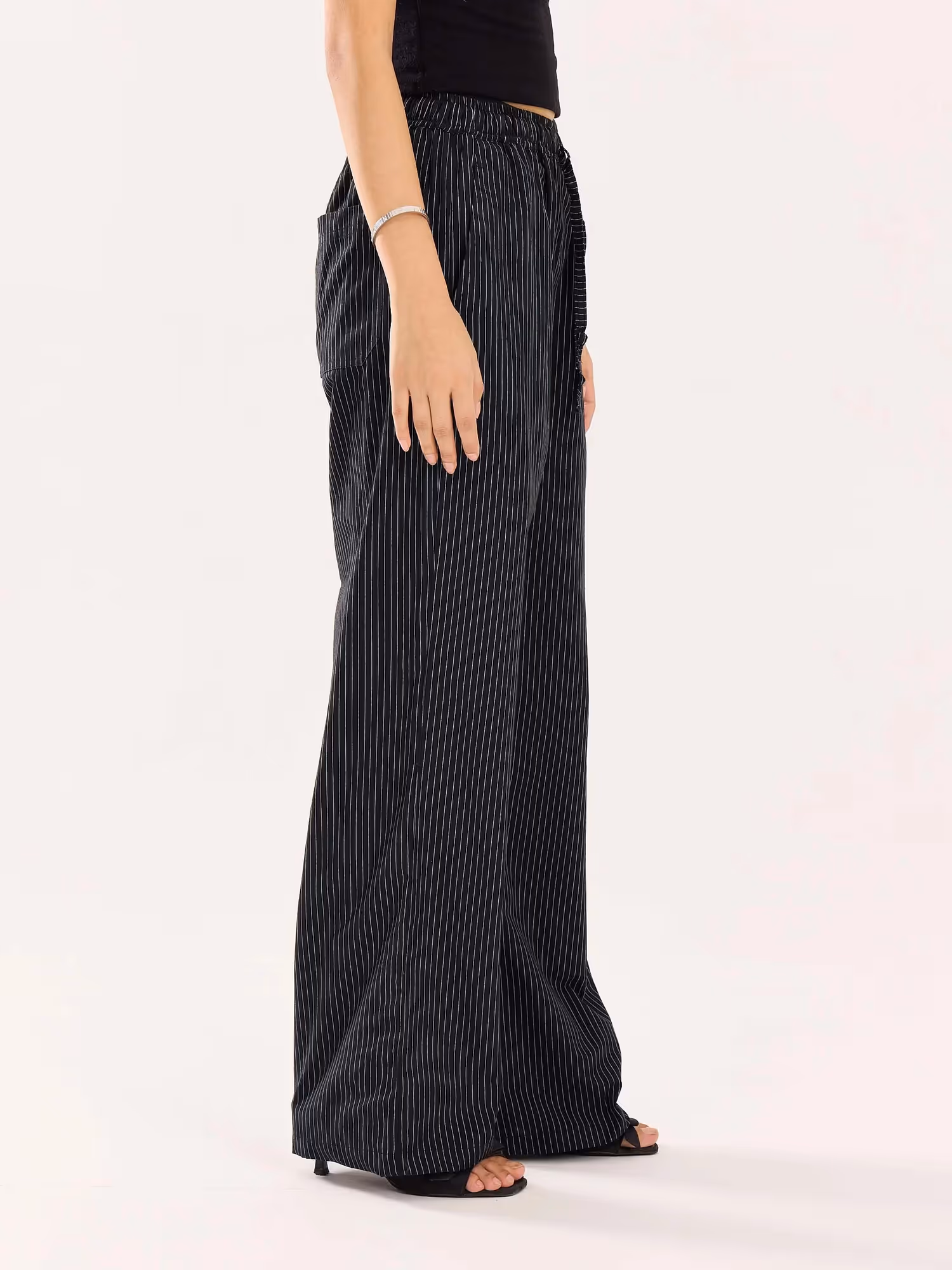 Black Pinstriped Poplin Pull-on Pants image 6