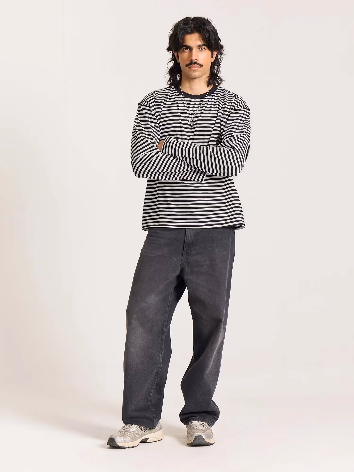 Black Striped Loose Fit Cropped T-Shirt image 1