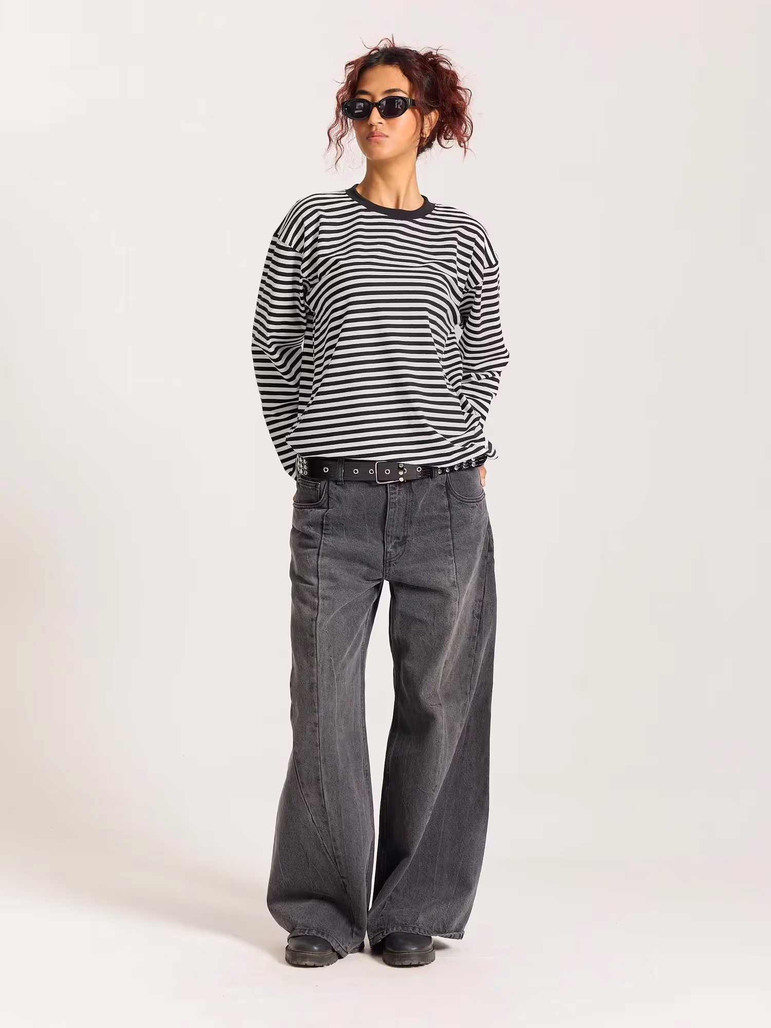 Black Striped Loose Fit Cropped T-Shirt image 2