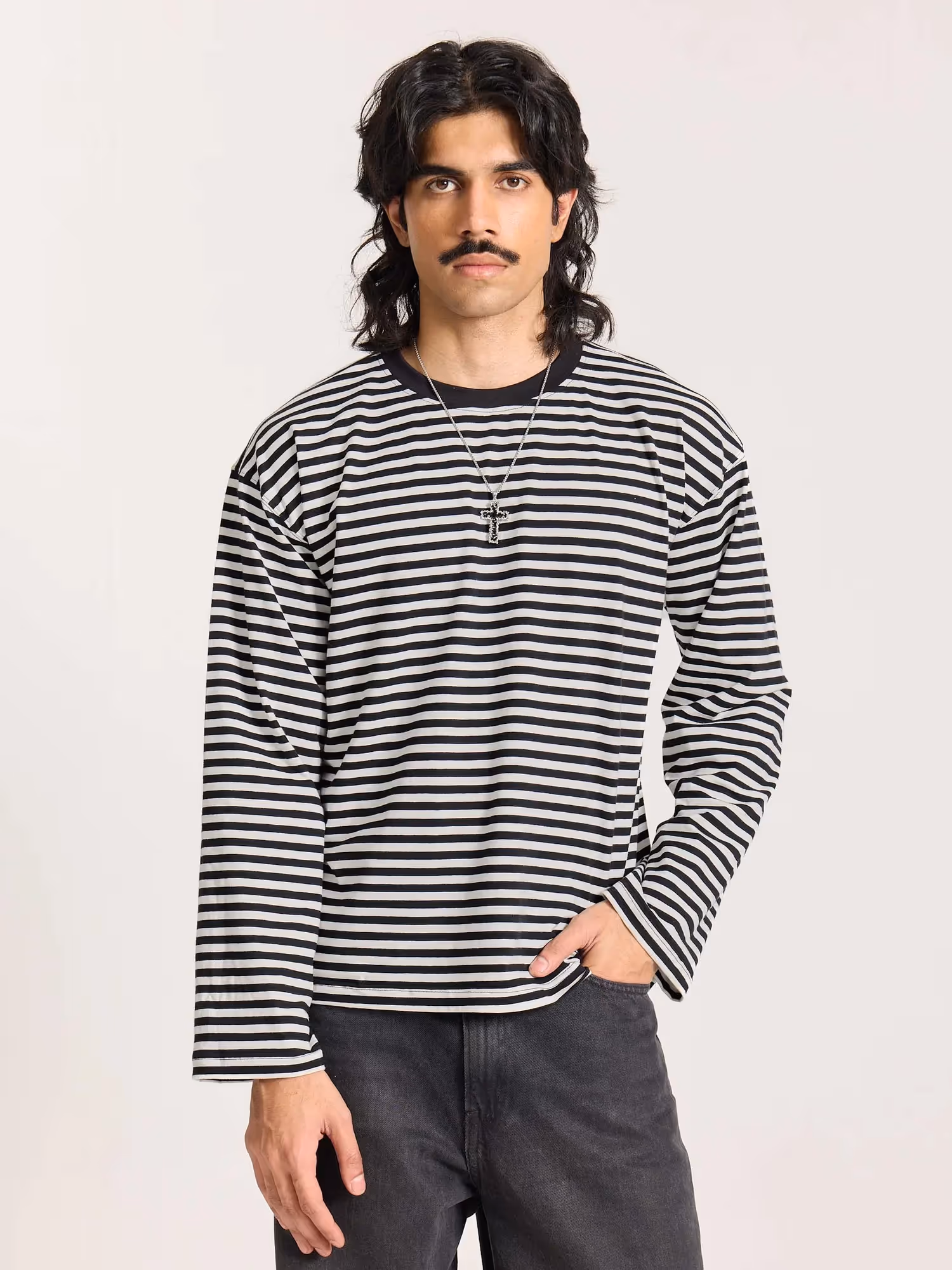 Black Striped Loose Fit Cropped T-Shirt image 3
