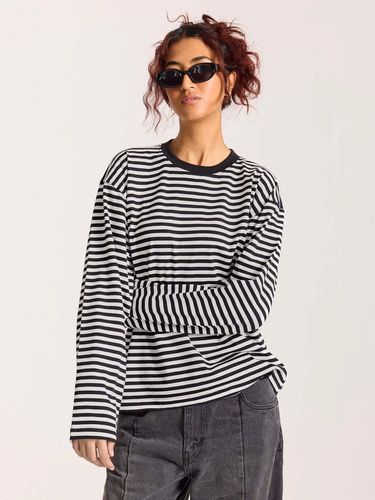 Black Striped Loose Fit Cropped T-Shirt image 4
