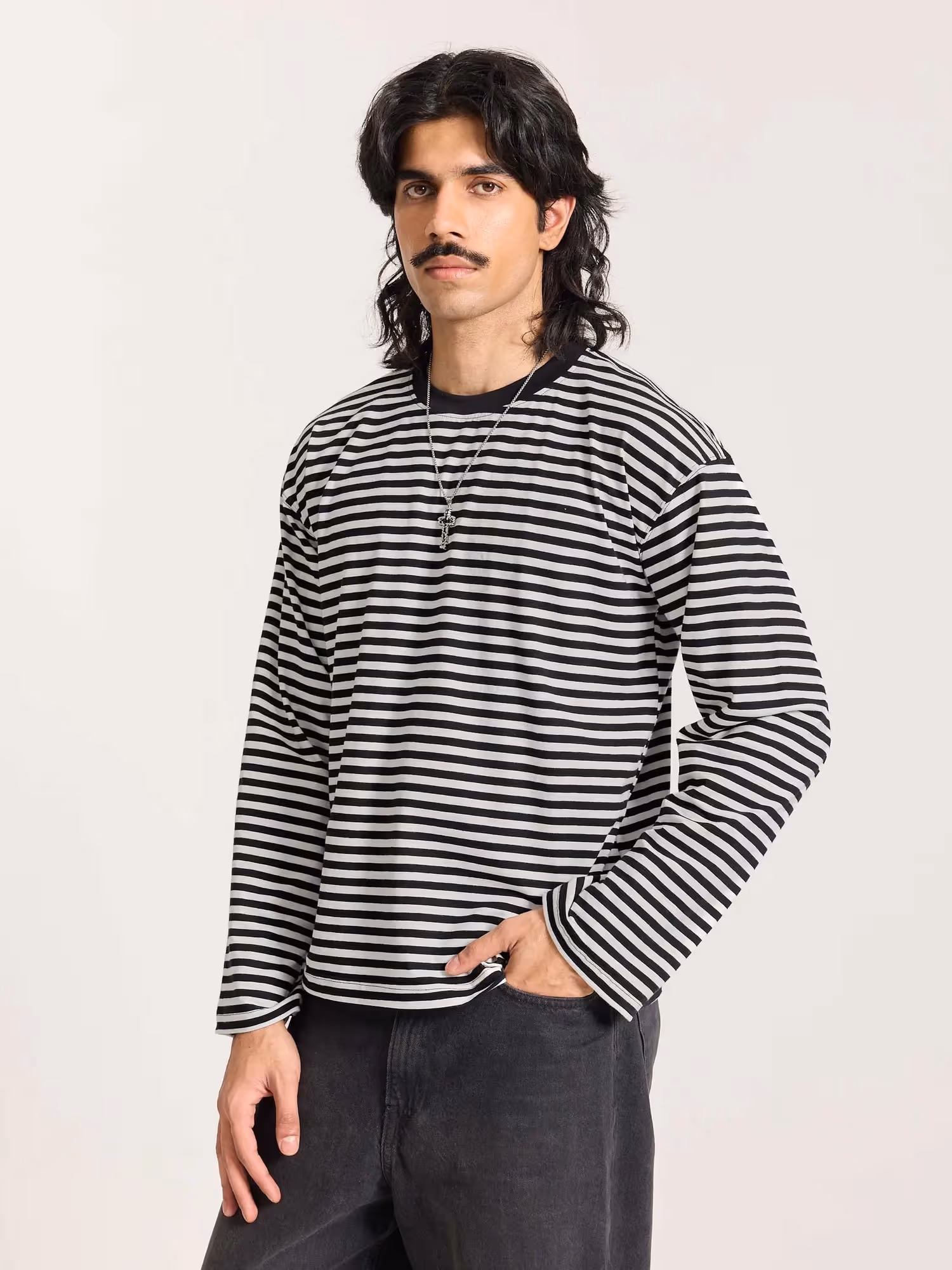 Black Striped Loose Fit Cropped T-Shirt image 5