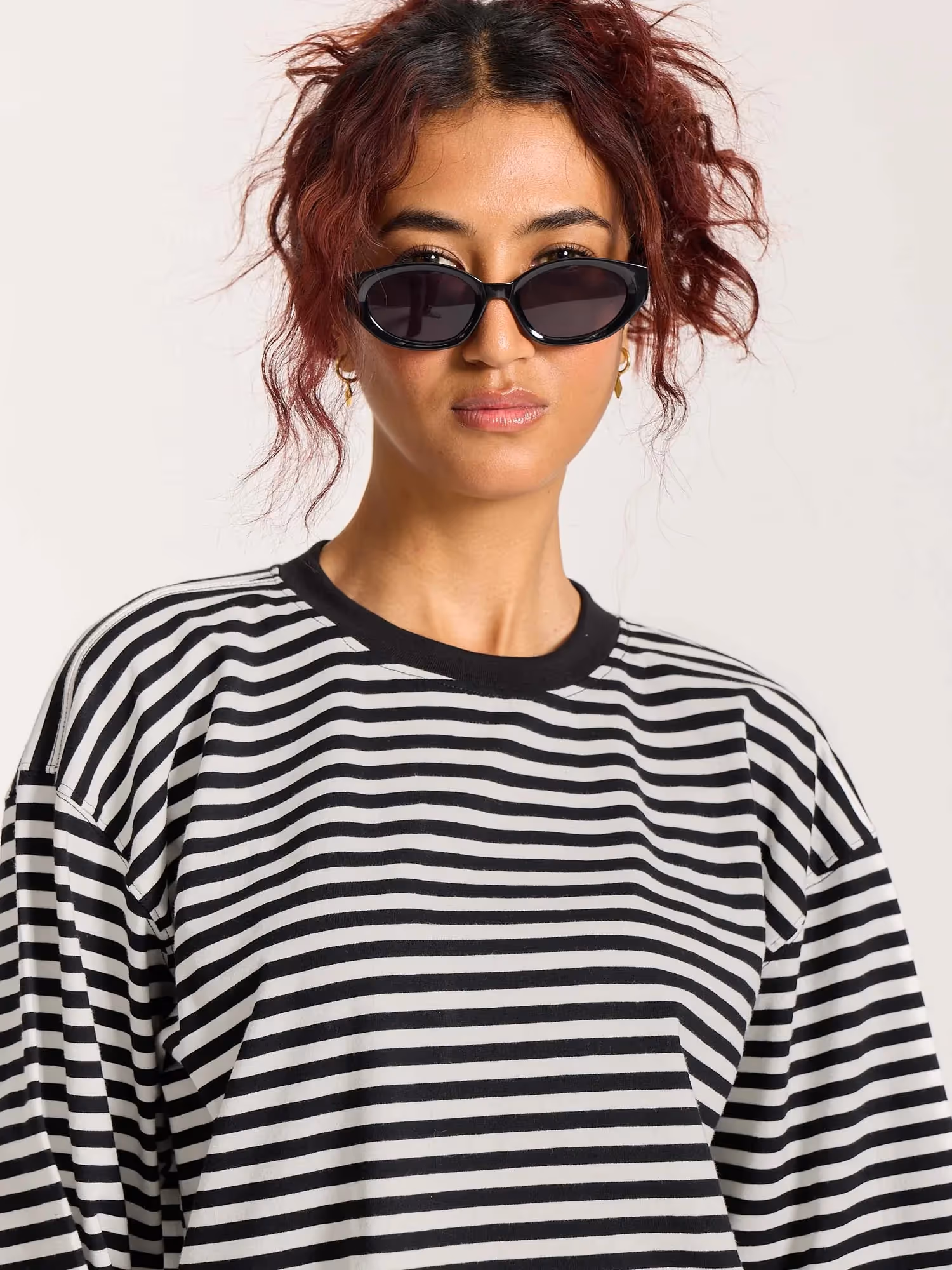Black Striped Loose Fit Cropped T-Shirt image 6