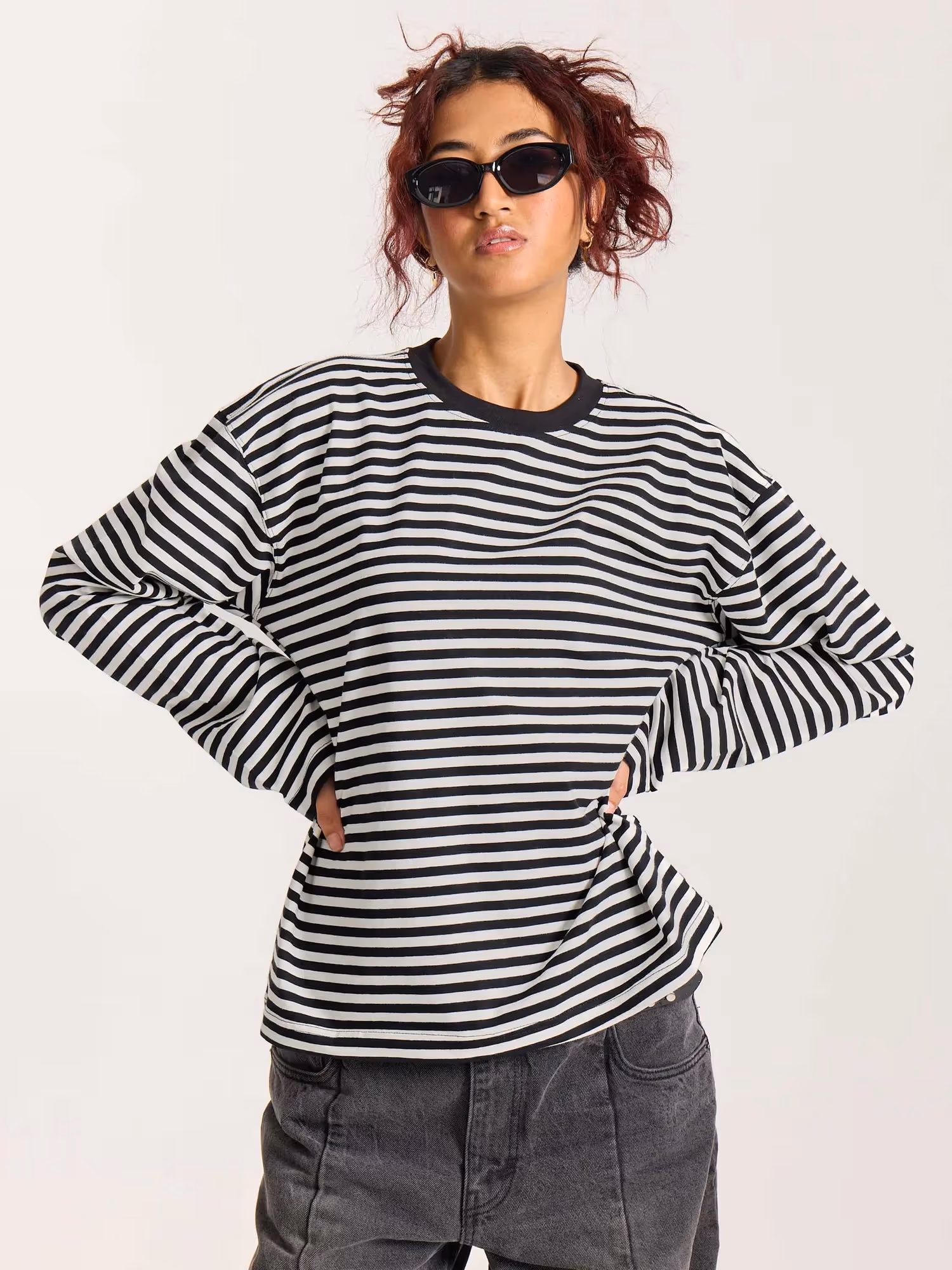 Black Striped Loose Fit Cropped T-Shirt image 7
