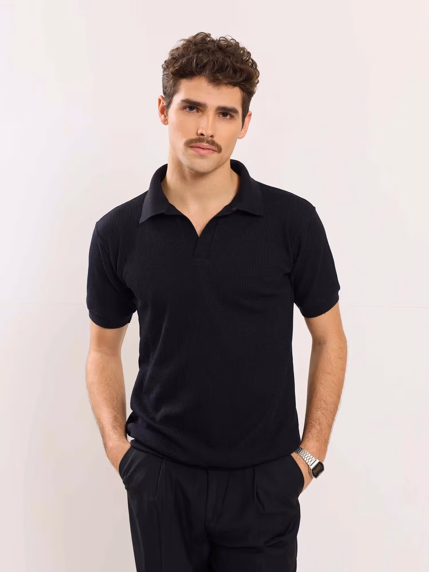Black Waffle Knit Polo T-shirt image 1