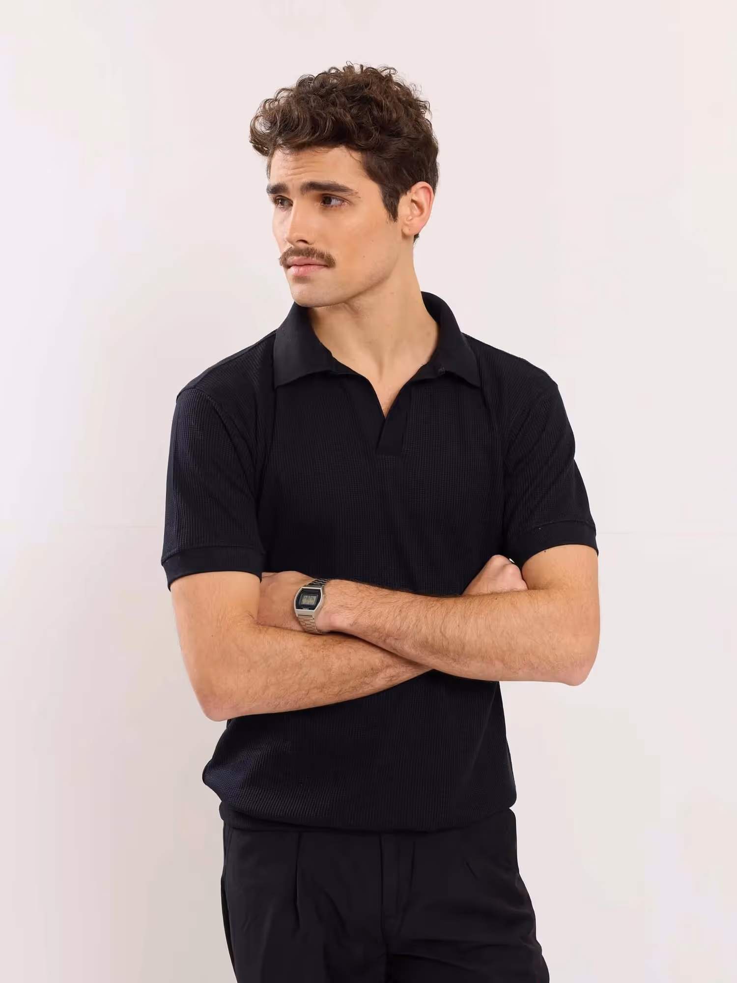 Black Waffle Knit Polo T-shirt image 2