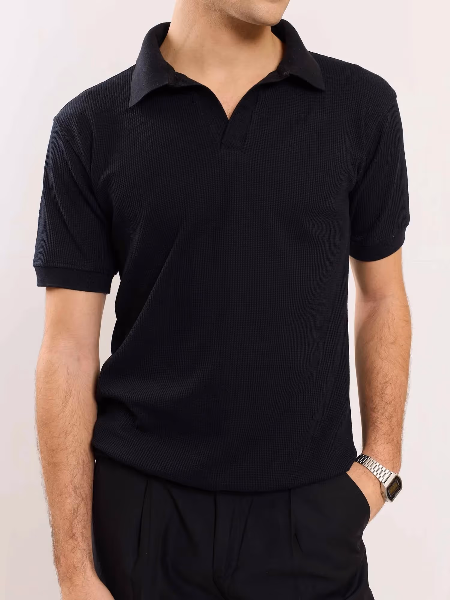 Black Waffle Knit Polo T-shirt image 4