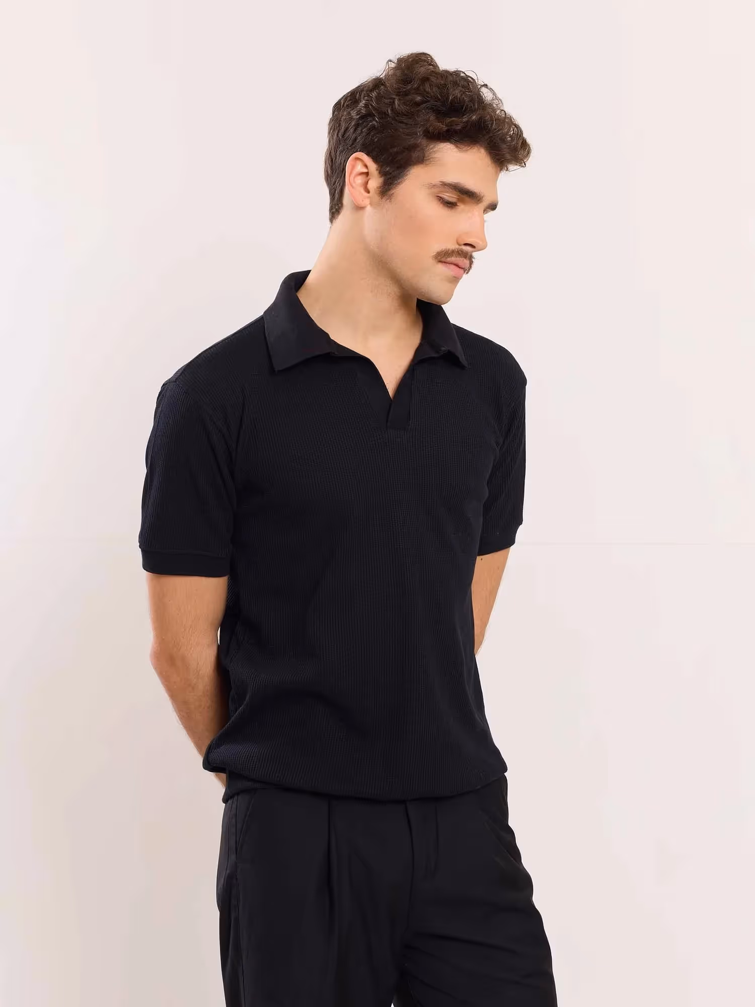 Black Waffle Knit Polo T-shirt image 5