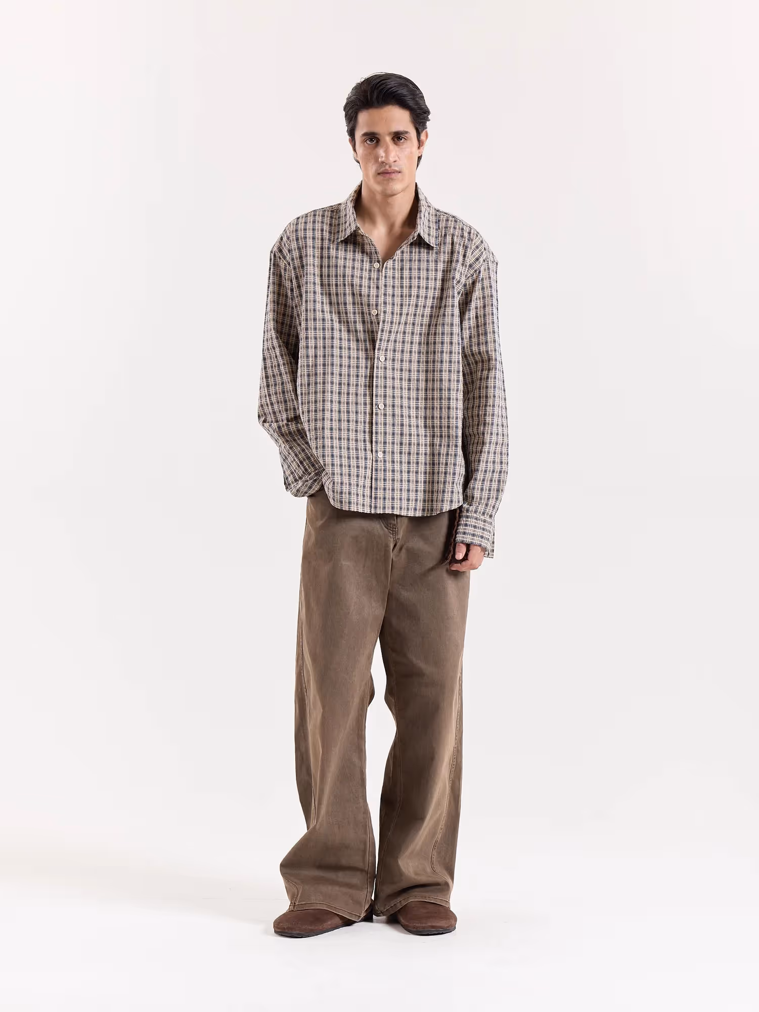 Blue & Beige Checkered Cropped Shirt image 1