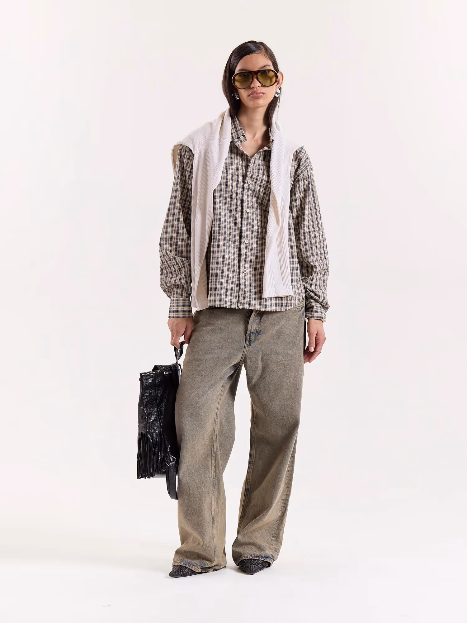 Blue & Beige Checkered Cropped Shirt image 2