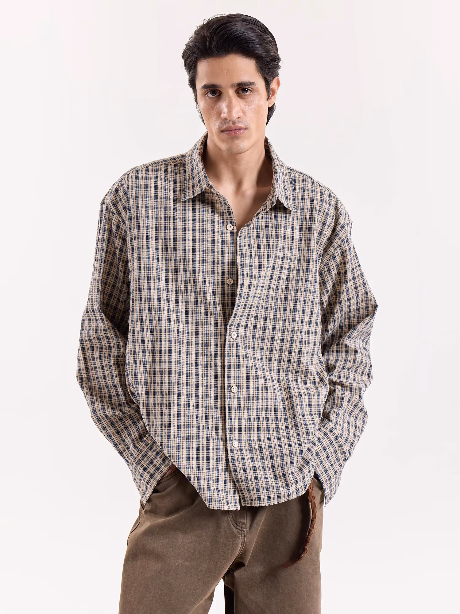 Blue & Beige Checkered Cropped Shirt image 3
