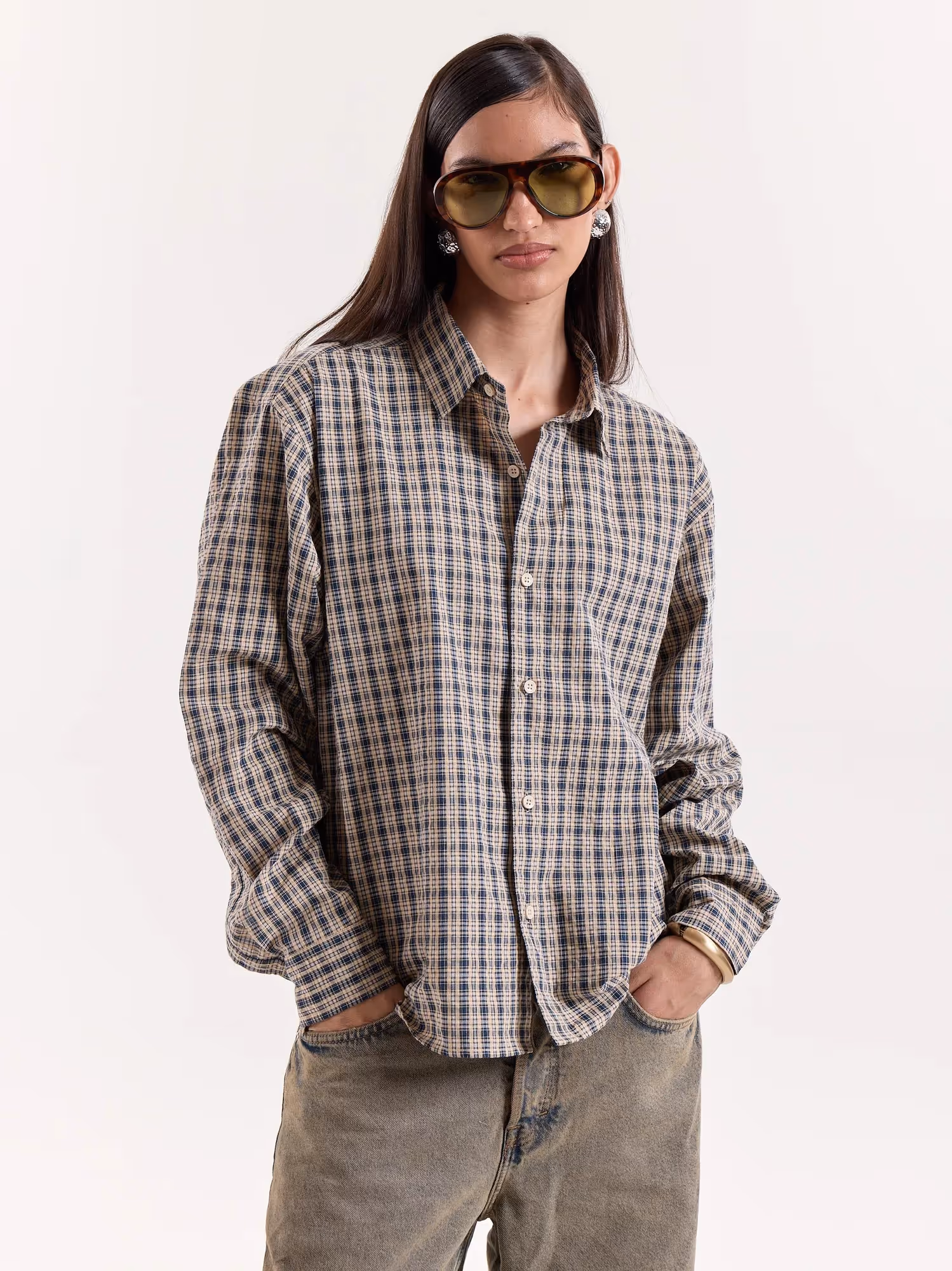 Blue & Beige Checkered Cropped Shirt image 4