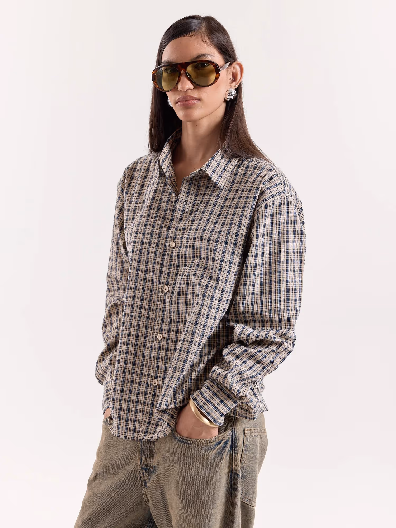Blue & Beige Checkered Cropped Shirt image 5