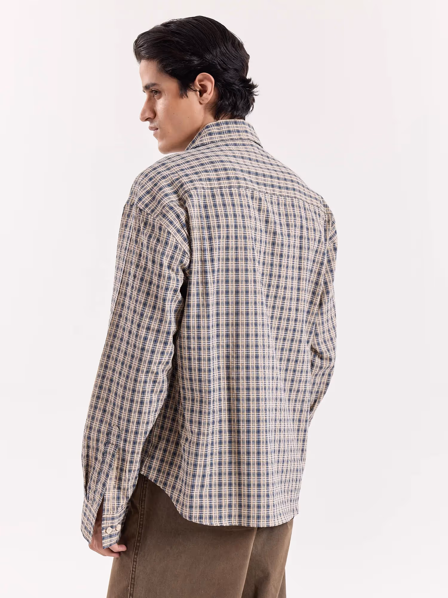 Blue & Beige Checkered Cropped Shirt image 6
