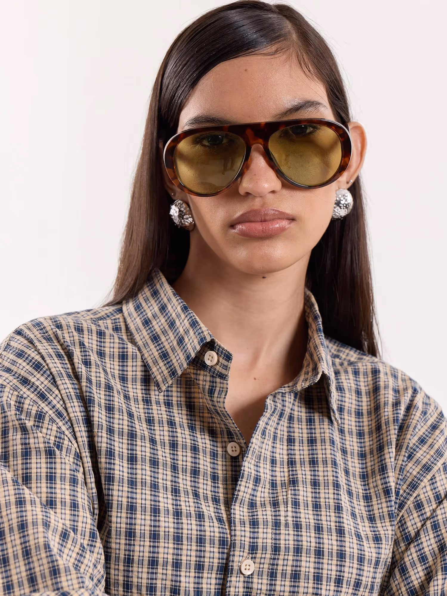 Blue & Beige Checkered Cropped Shirt image 7